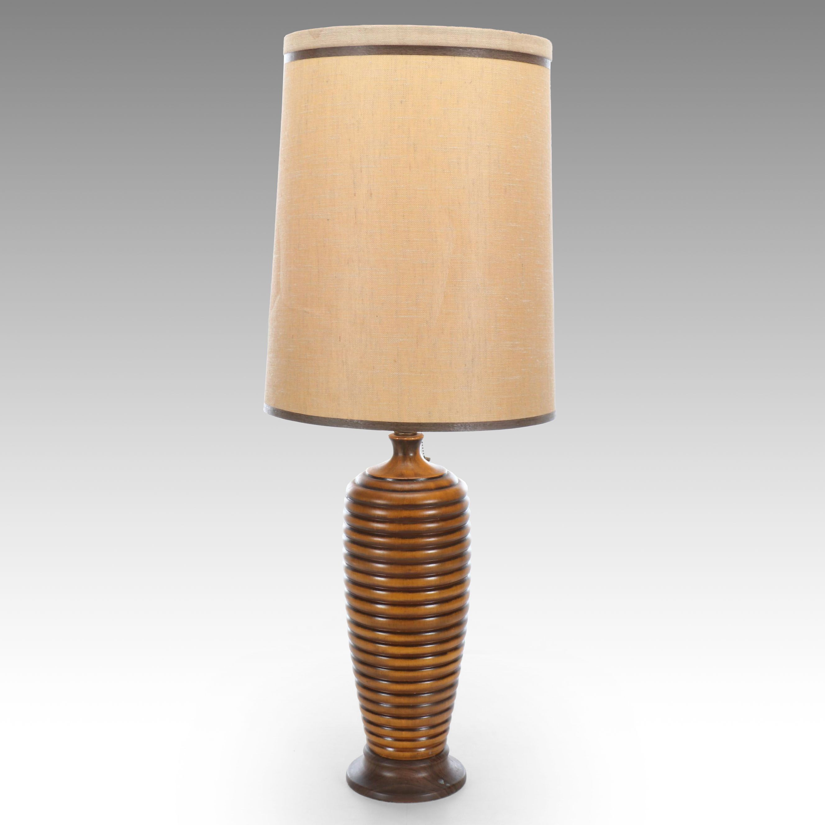MCM Style Walnut Finish Carved Table Lamp with Drum Shade