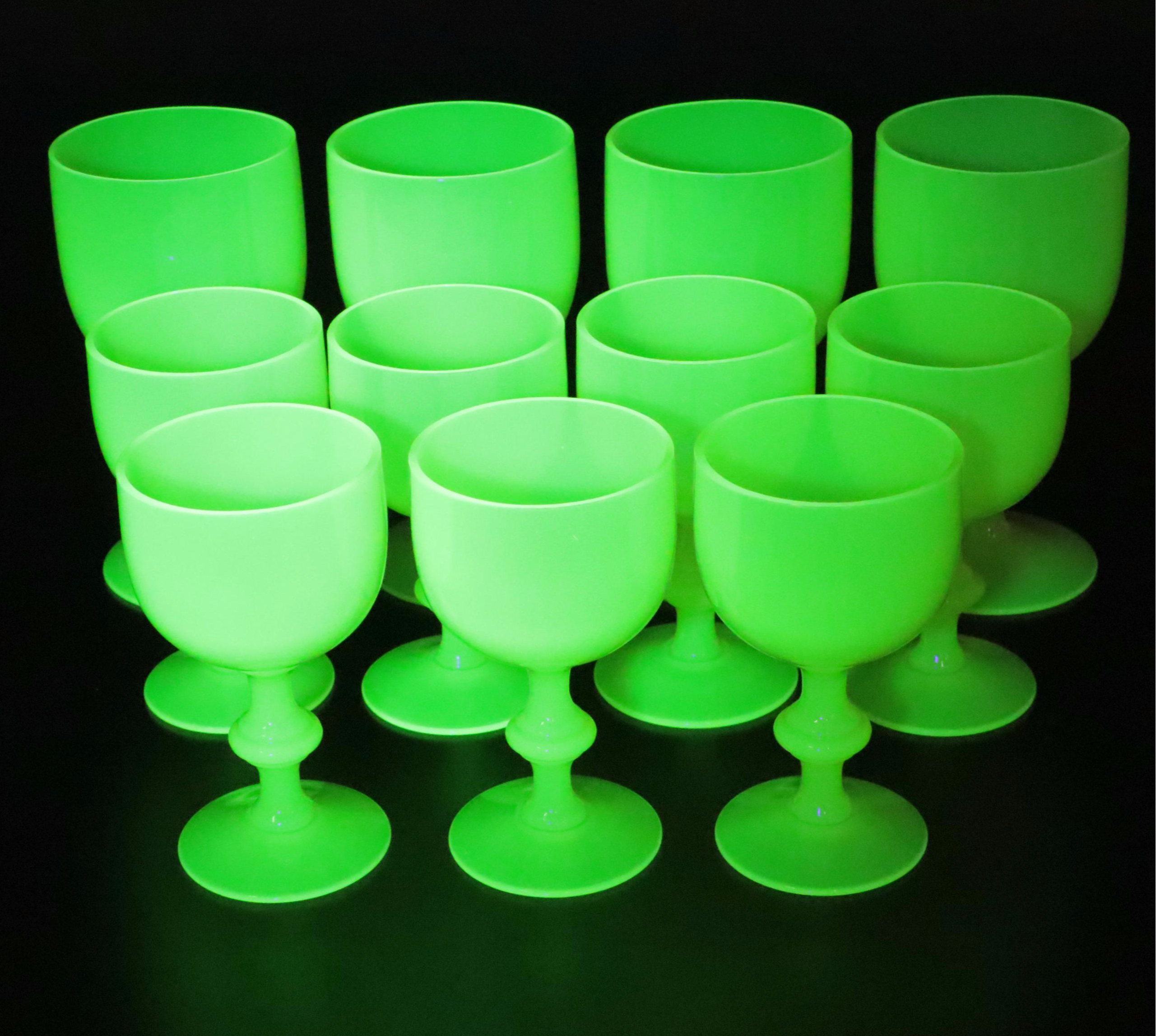 Portieux Vallerysthal Uranium Glass Water Goblets and Wine Glasses