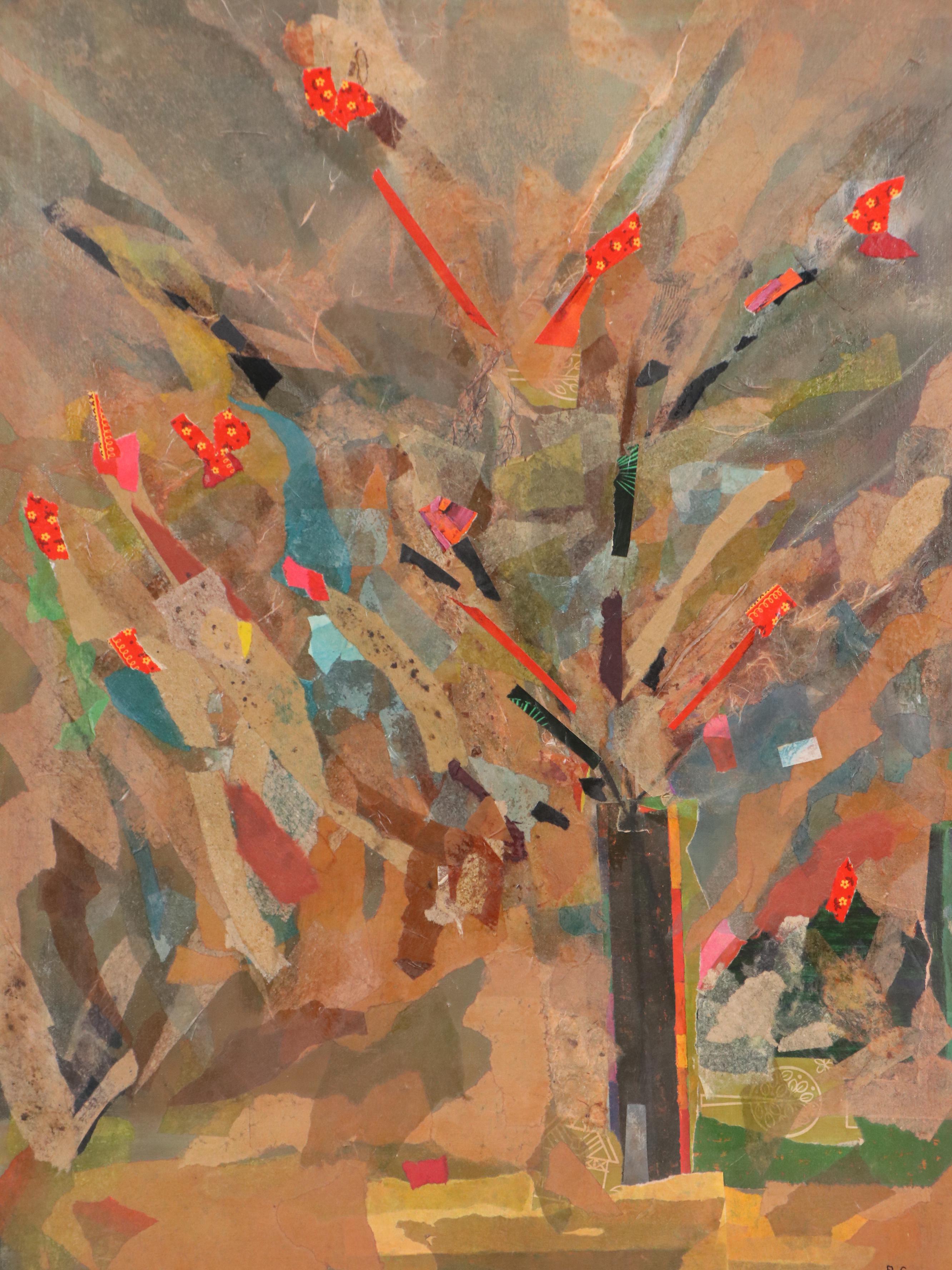 R. Goldheim Mixed Media "Vase + Flowers Collage," Late 20th Century