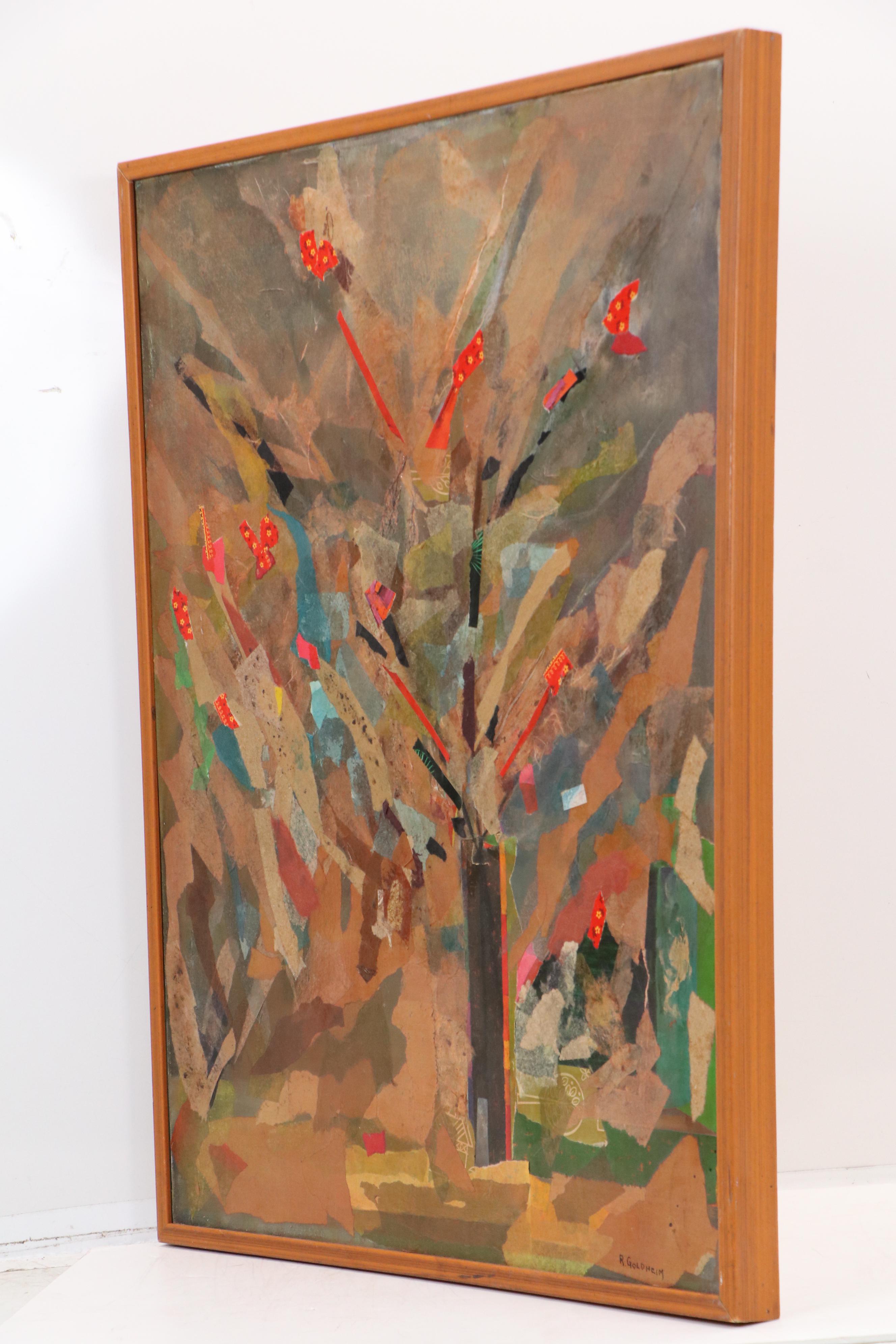 R. Goldheim Mixed Media "Vase + Flowers Collage," Late 20th Century