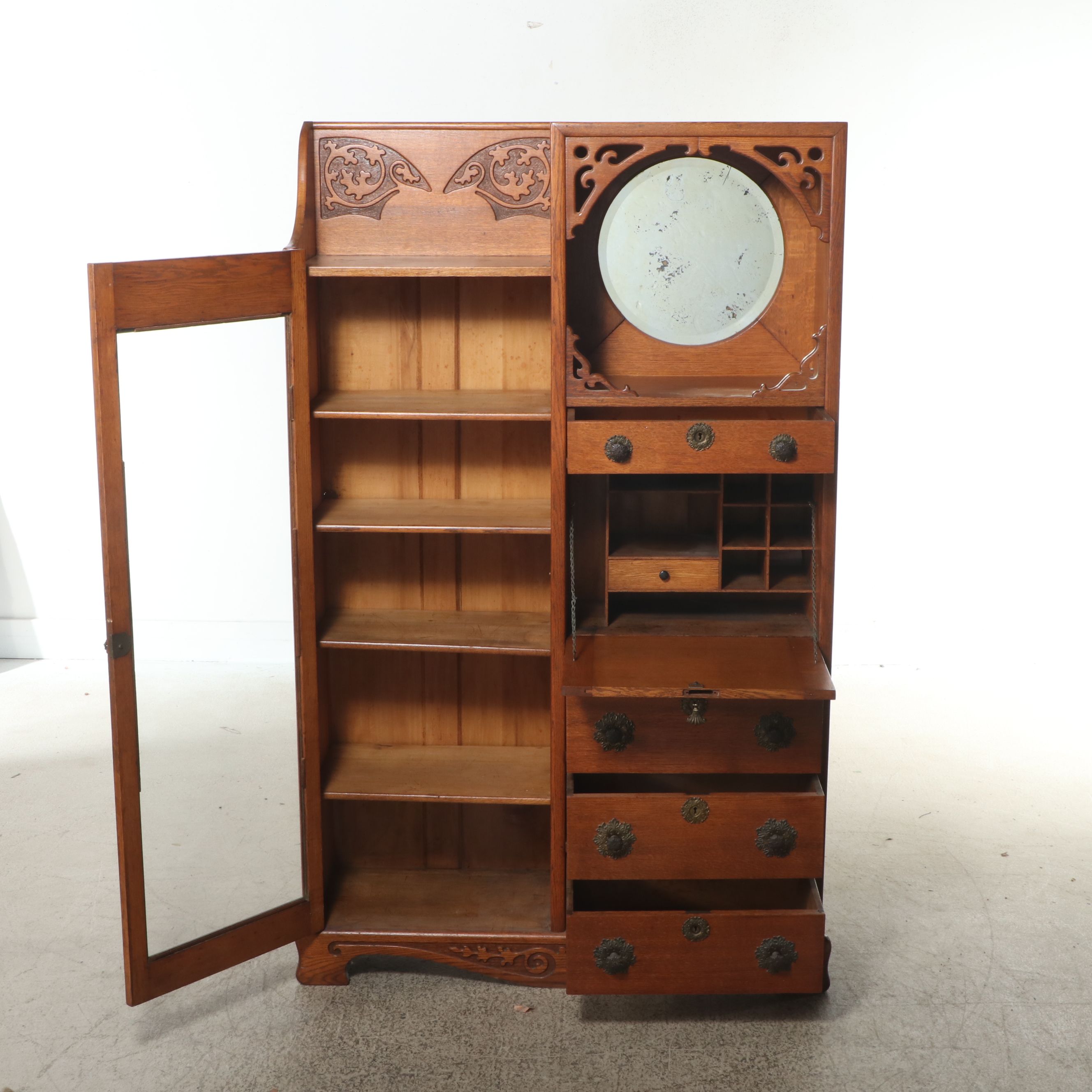 American Late Victorian Art Nouveau Style Carved Oak Secretary Bookcase