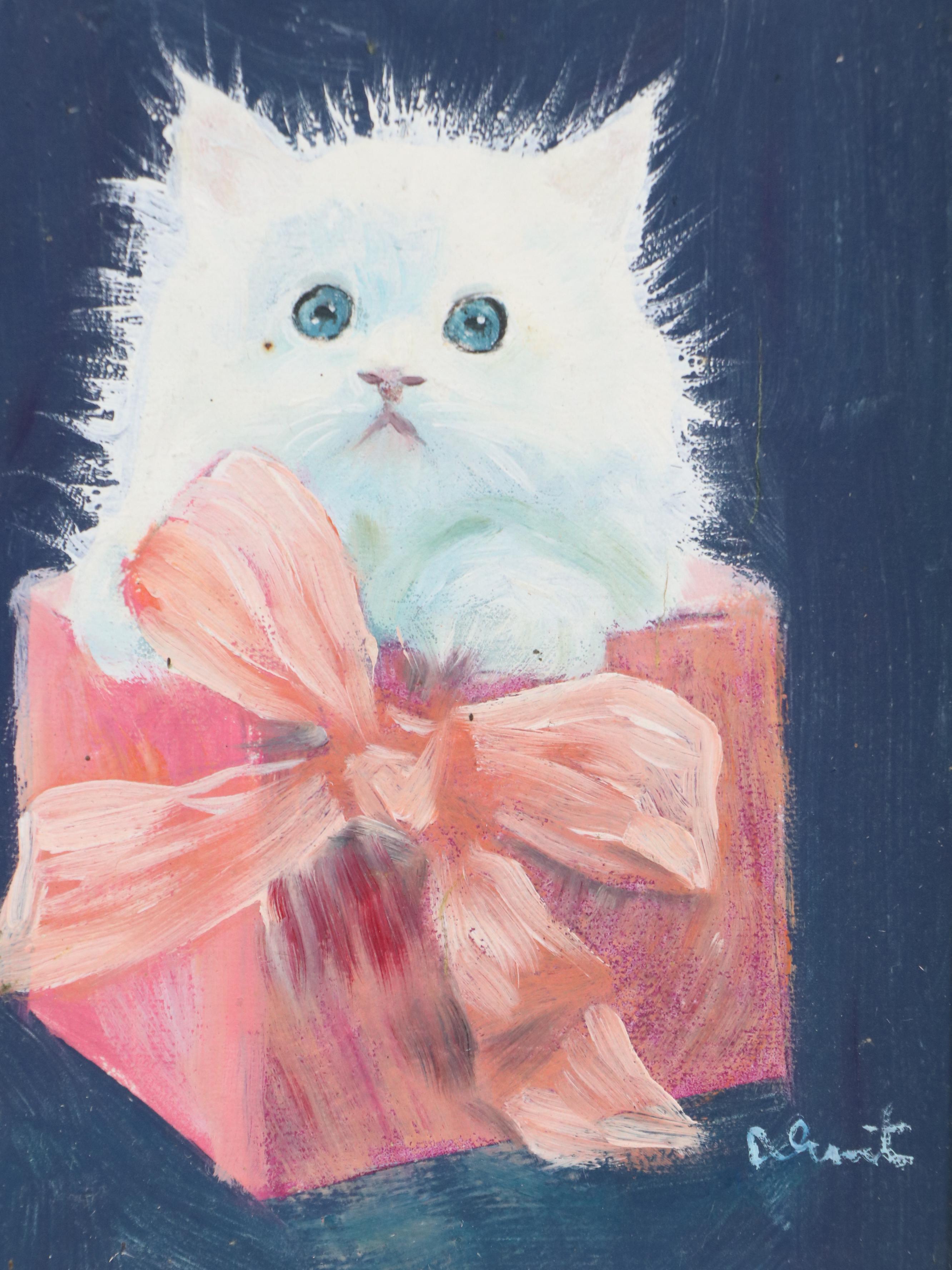 Oil Painting of Kitten in Gift Box, Late 20th Century