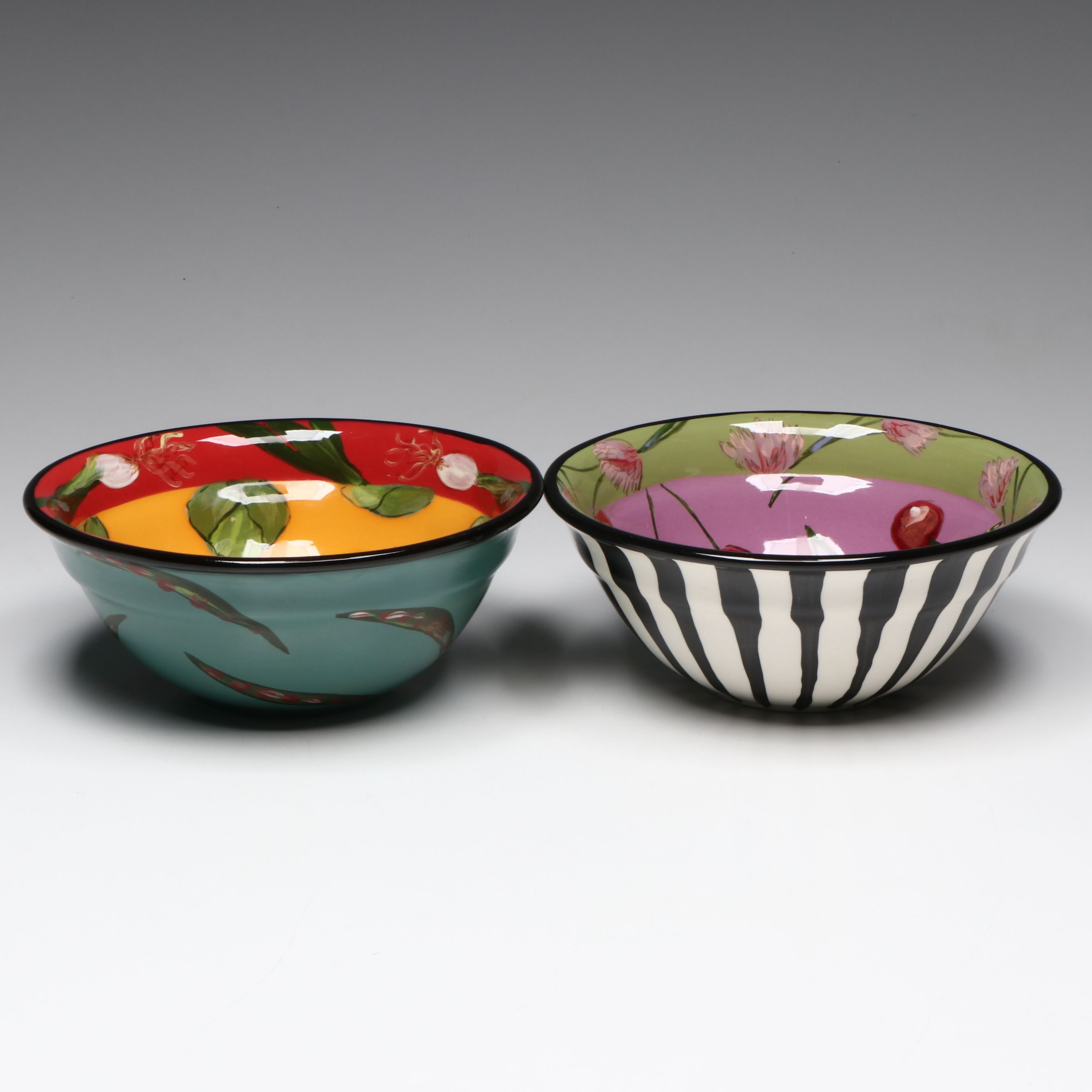 Droll Designs Hand-Painted Cherry and Artichoke Motif Bowls