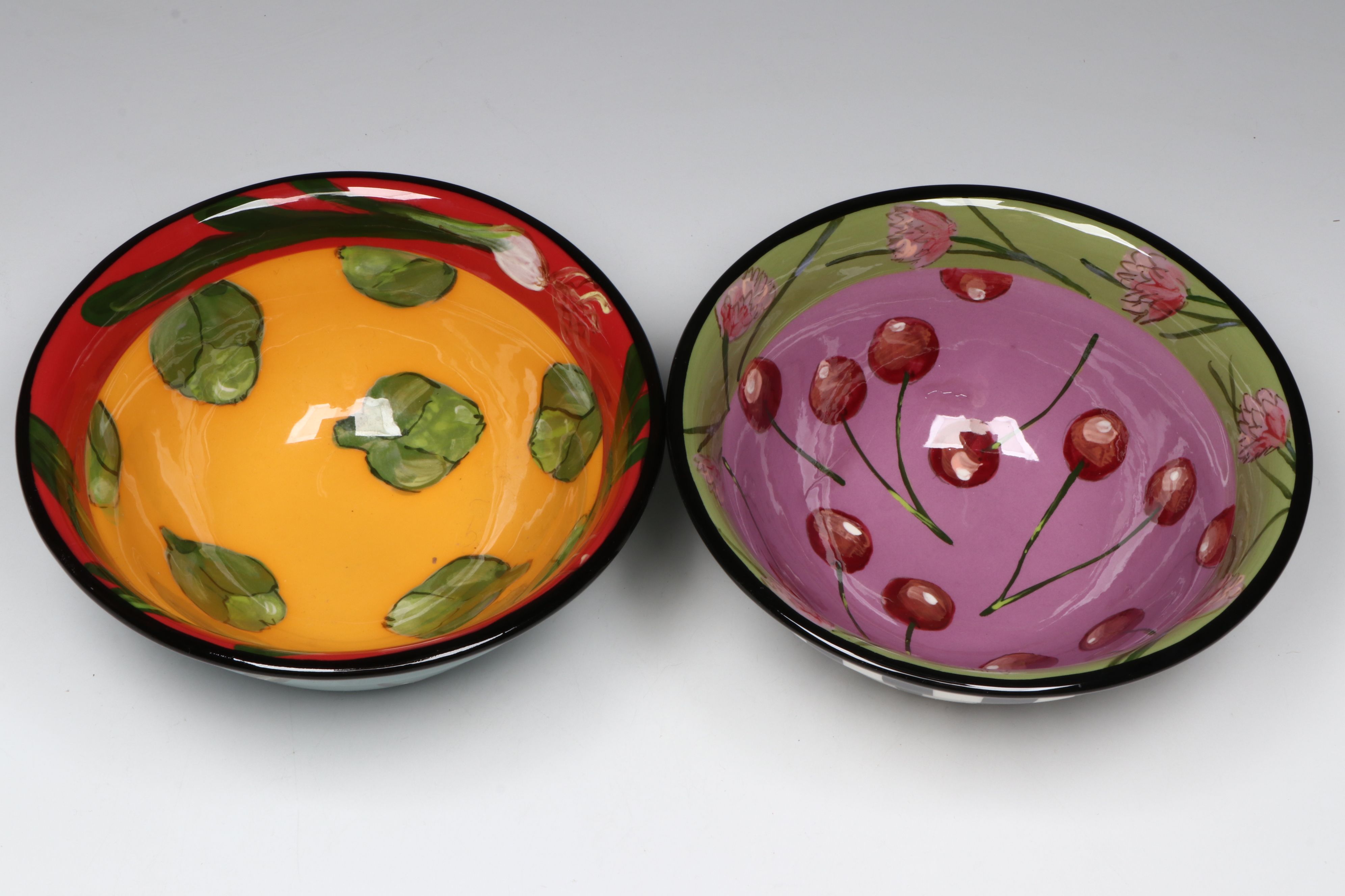 Droll Designs Hand-Painted Cherry and Artichoke Motif Bowls
