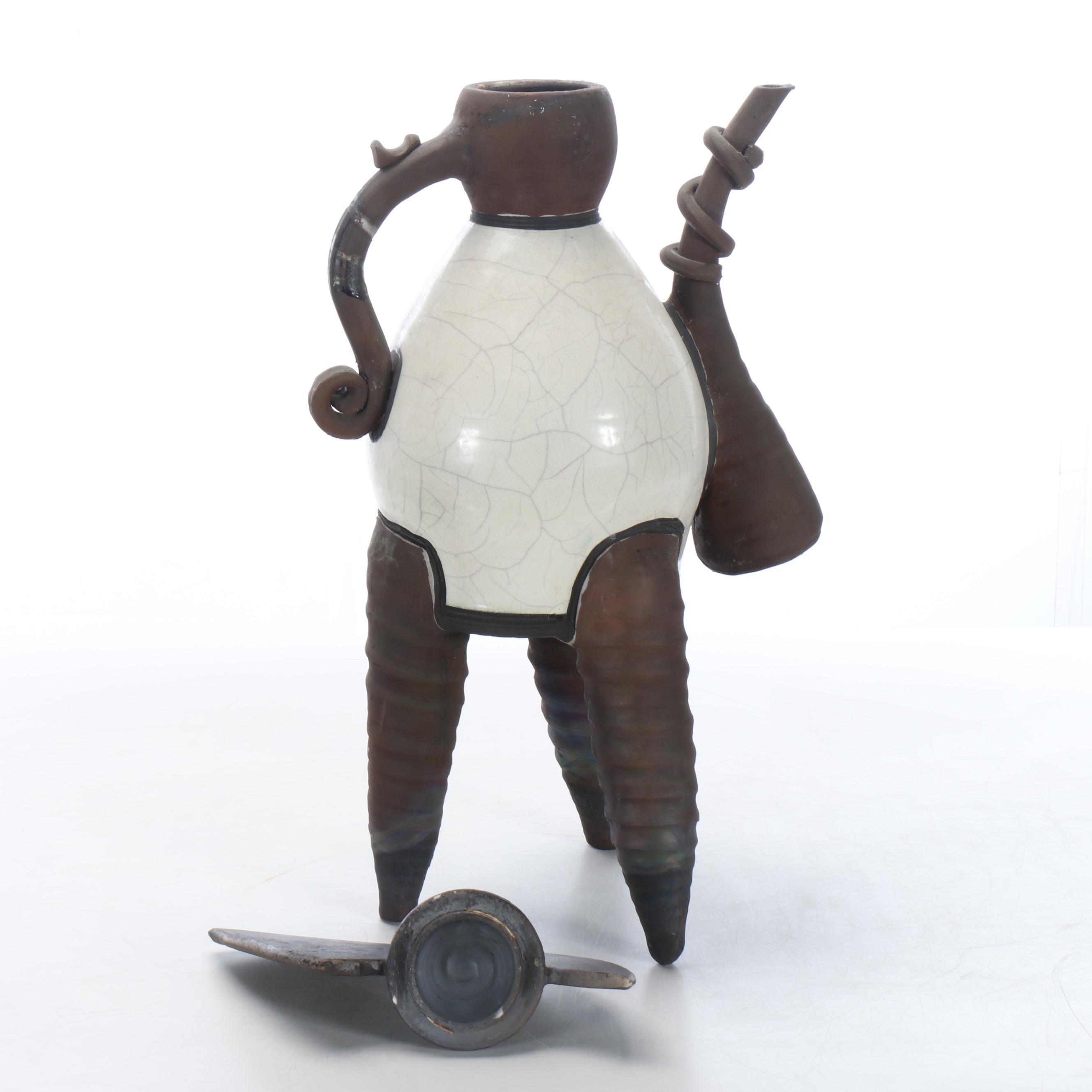 Raku Fired Earthenware Figural Pitcher