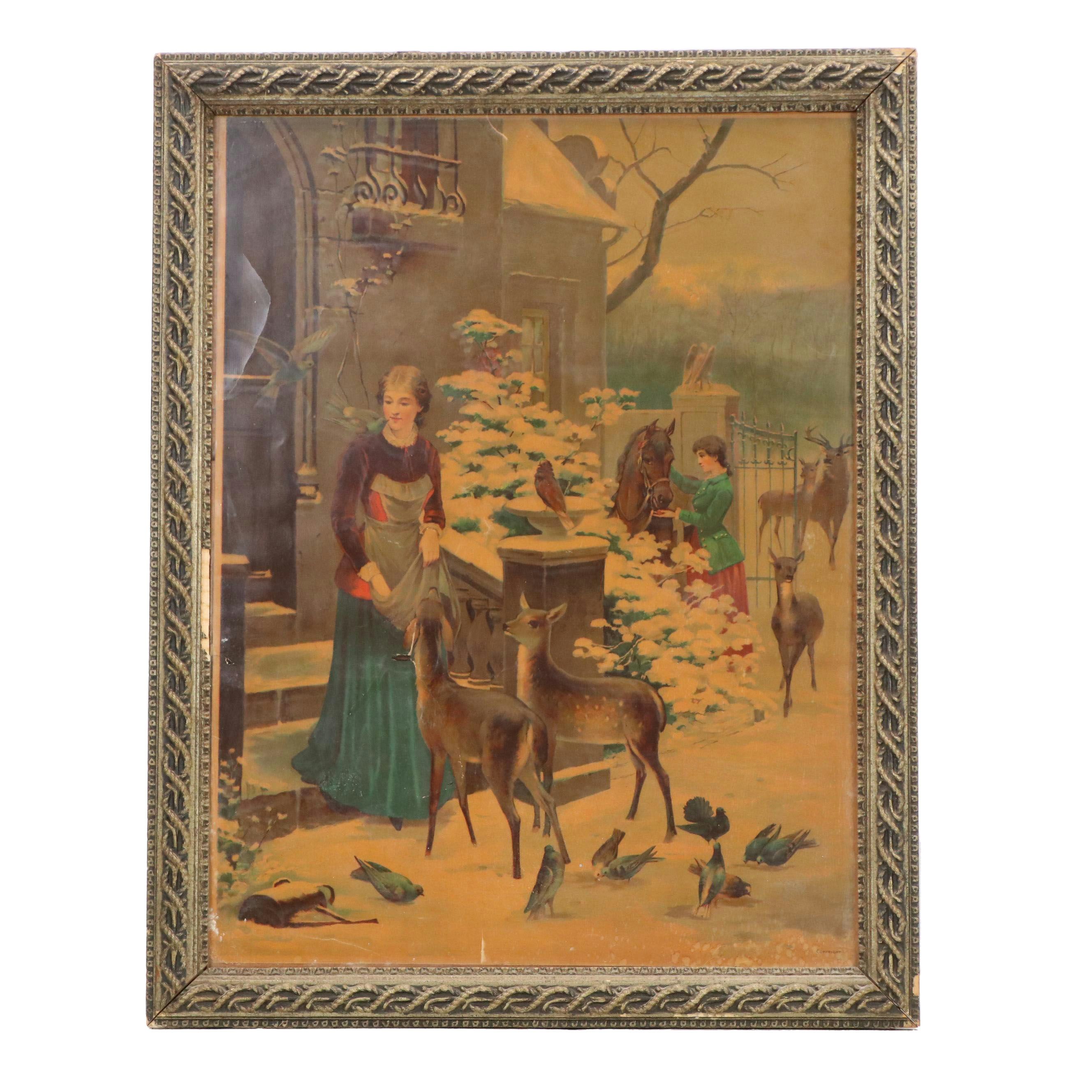 Chromolithograph of Snowy Scene with Wildlife, Late 19th to Early 20th Century