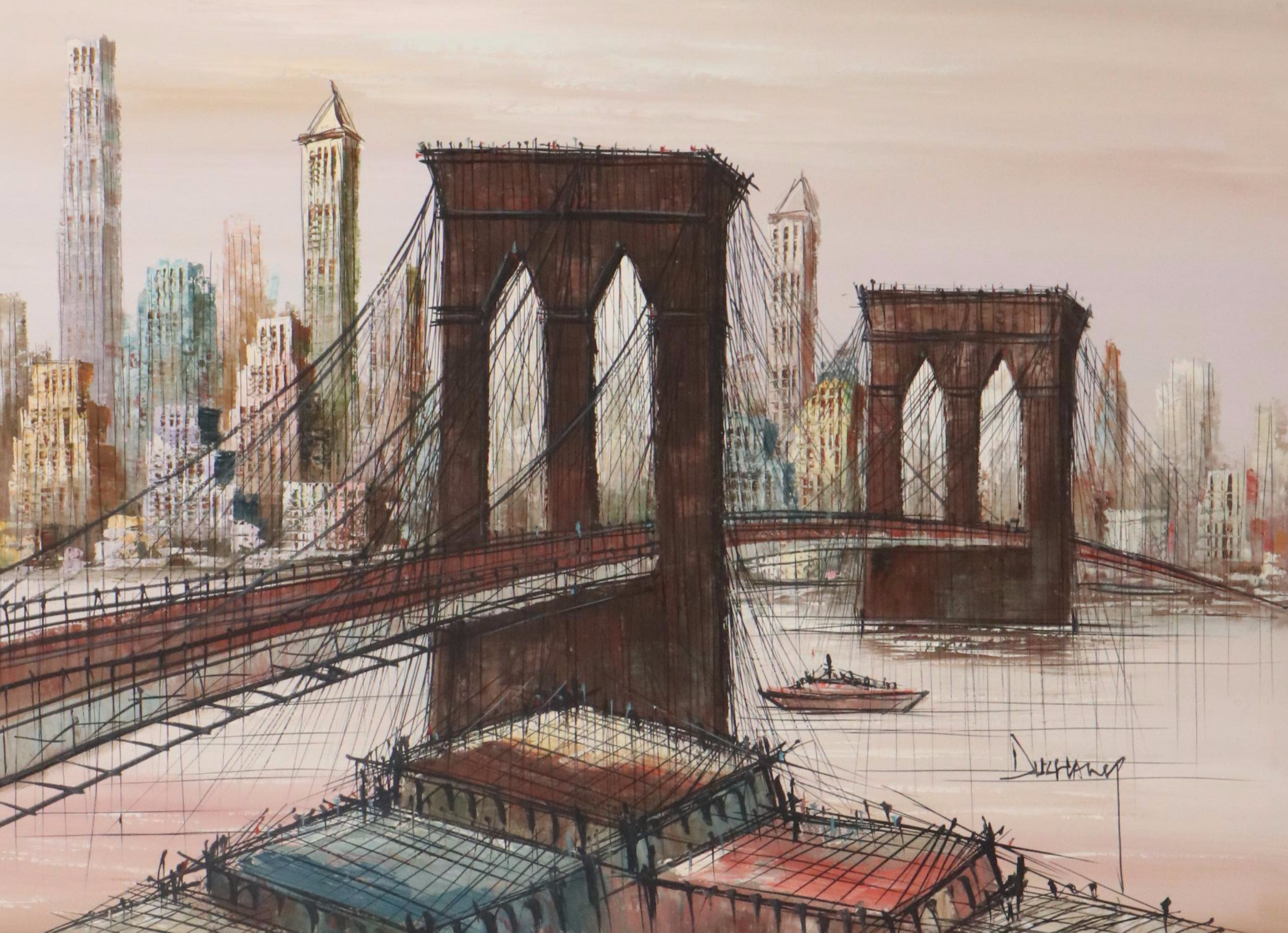 Postmodern Oil Painting of Brooklyn Bridge, Mid-20th Century