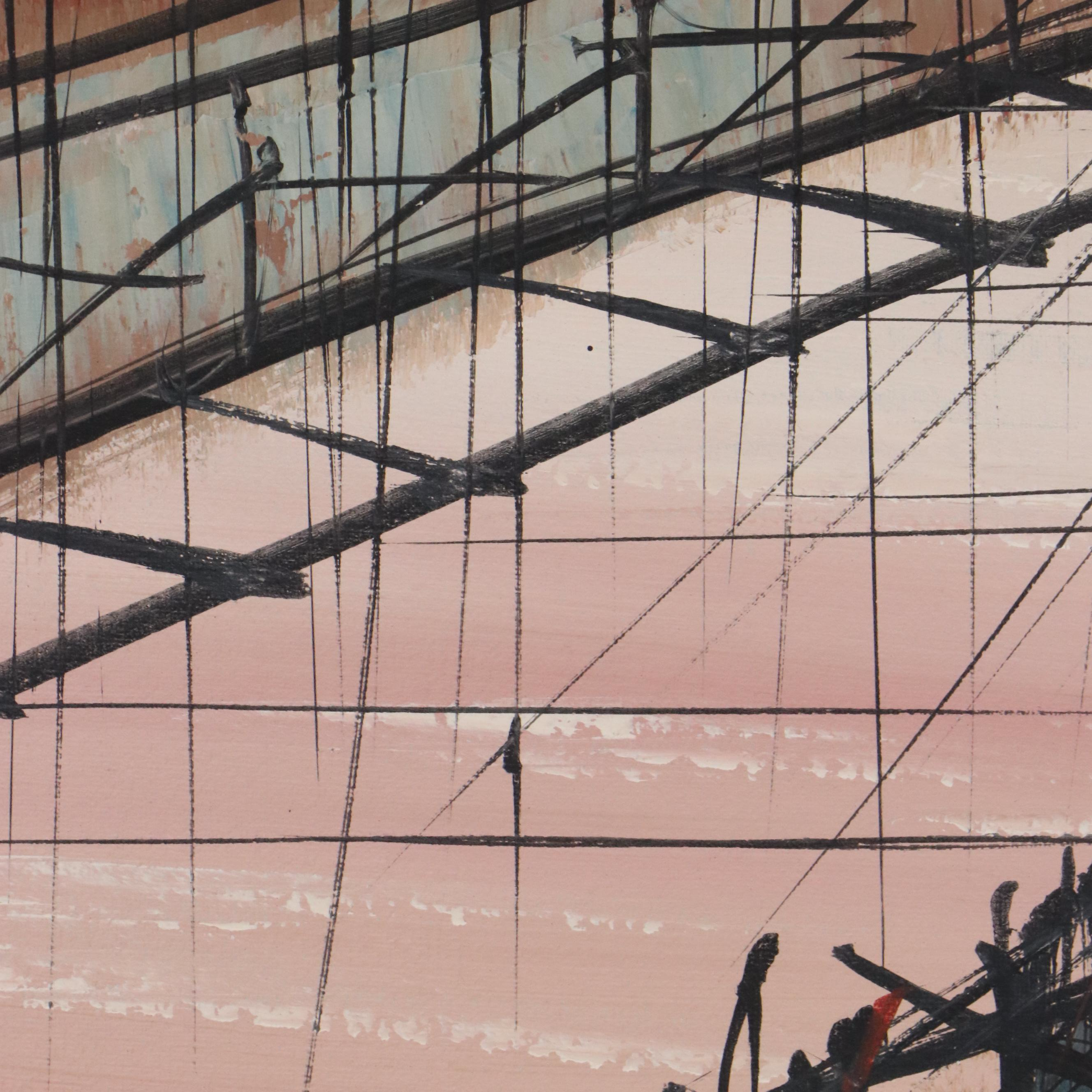 Postmodern Oil Painting of Brooklyn Bridge, Mid-20th Century