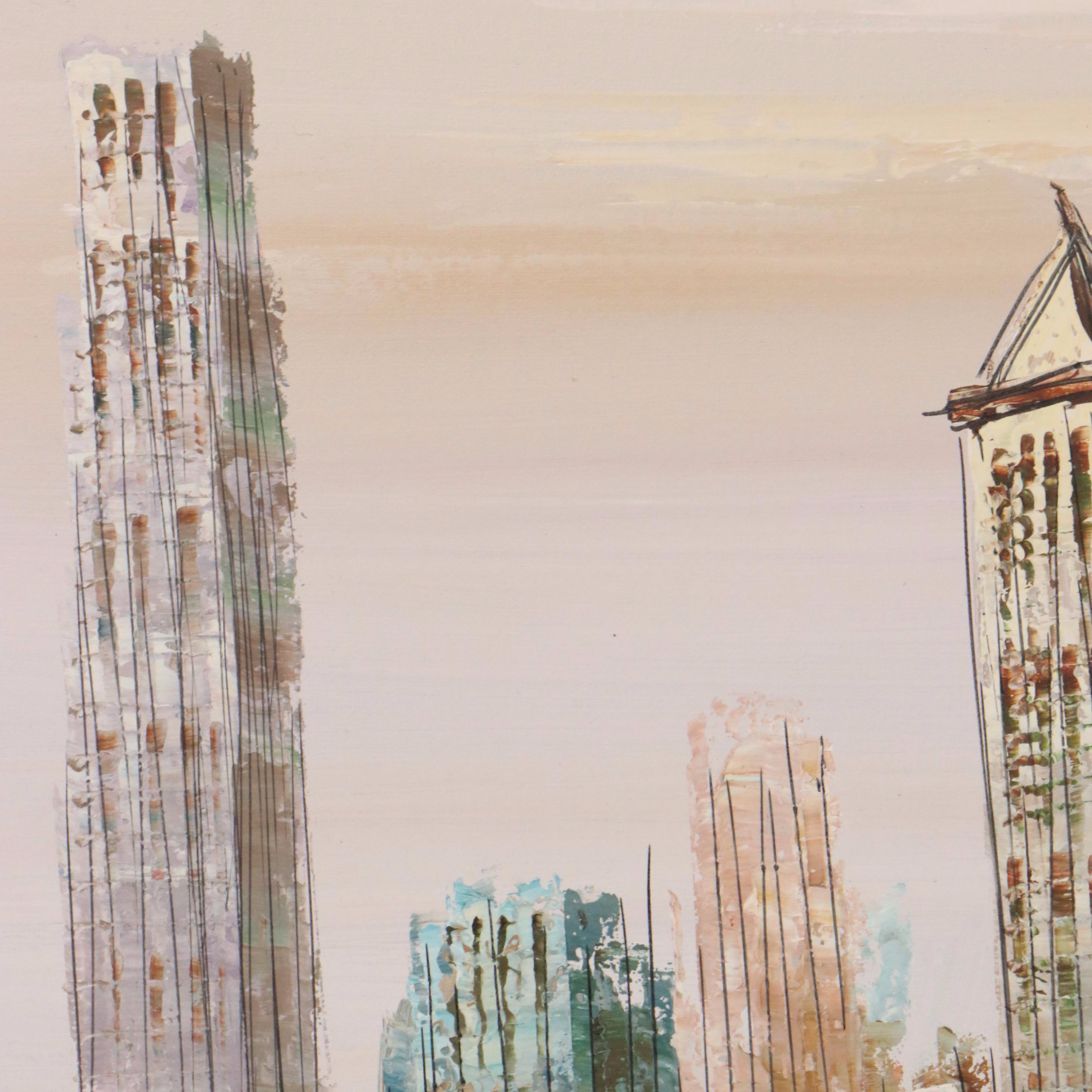 Postmodern Oil Painting of Brooklyn Bridge, Mid-20th Century