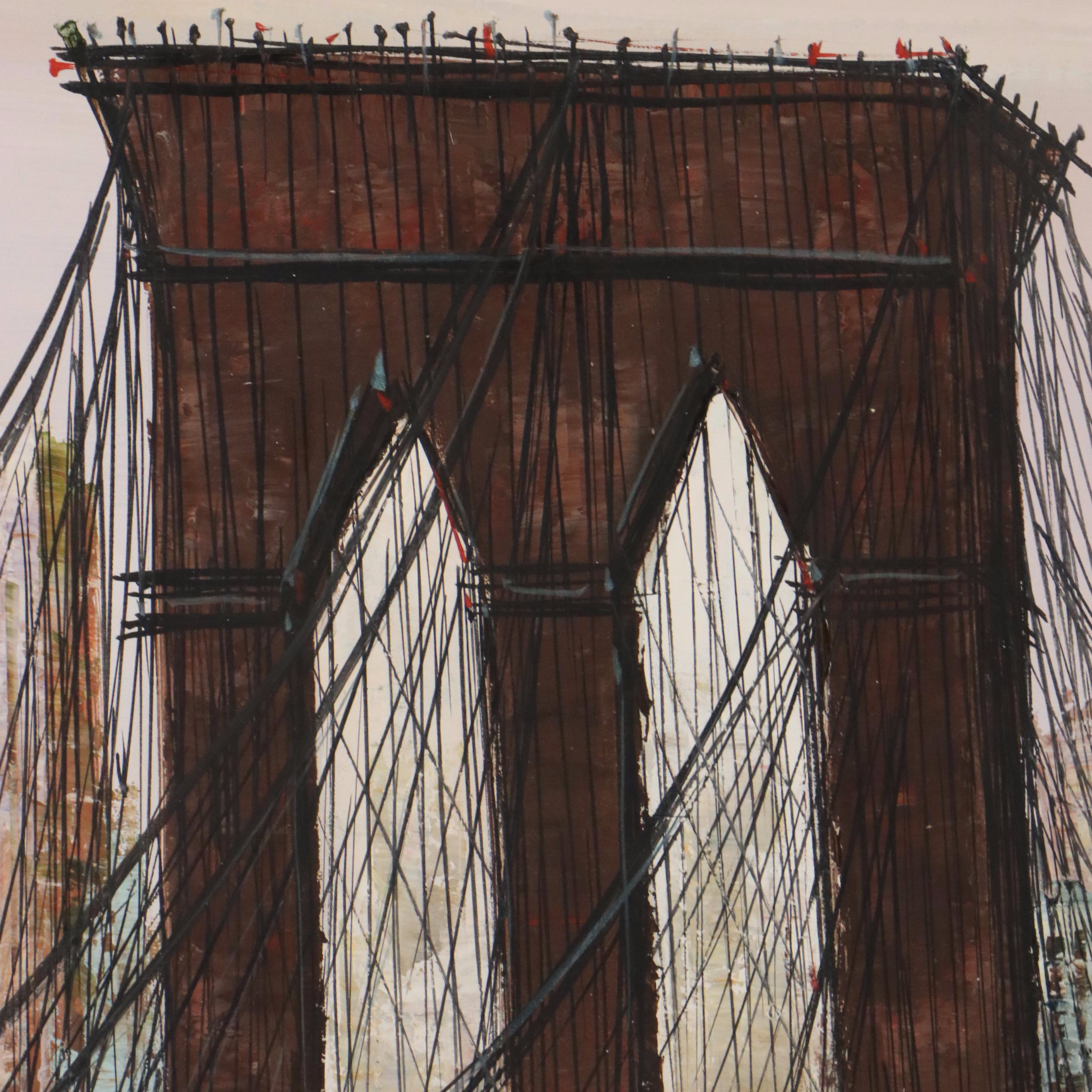 Postmodern Oil Painting of Brooklyn Bridge, Mid-20th Century