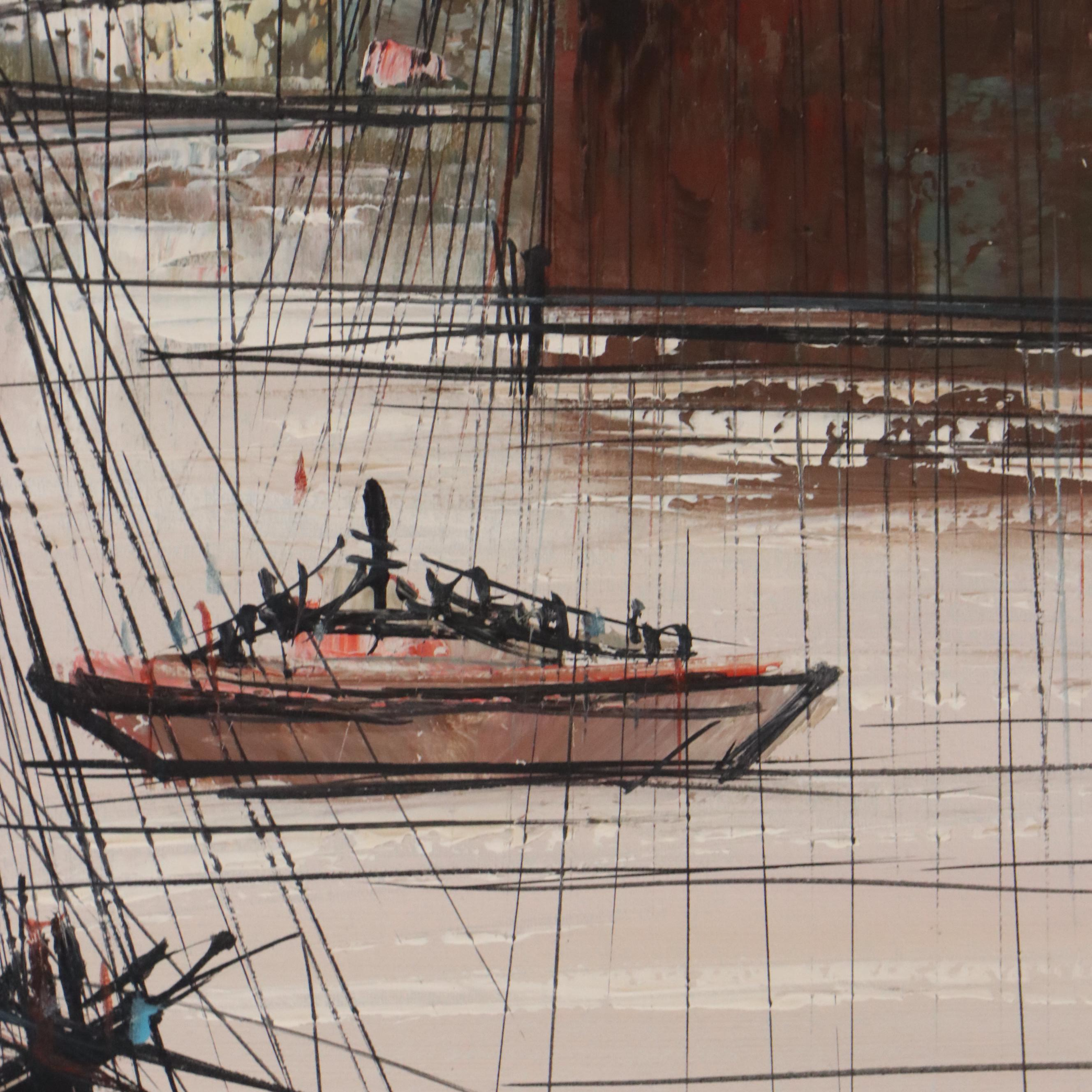 Postmodern Oil Painting of Brooklyn Bridge, Mid-20th Century