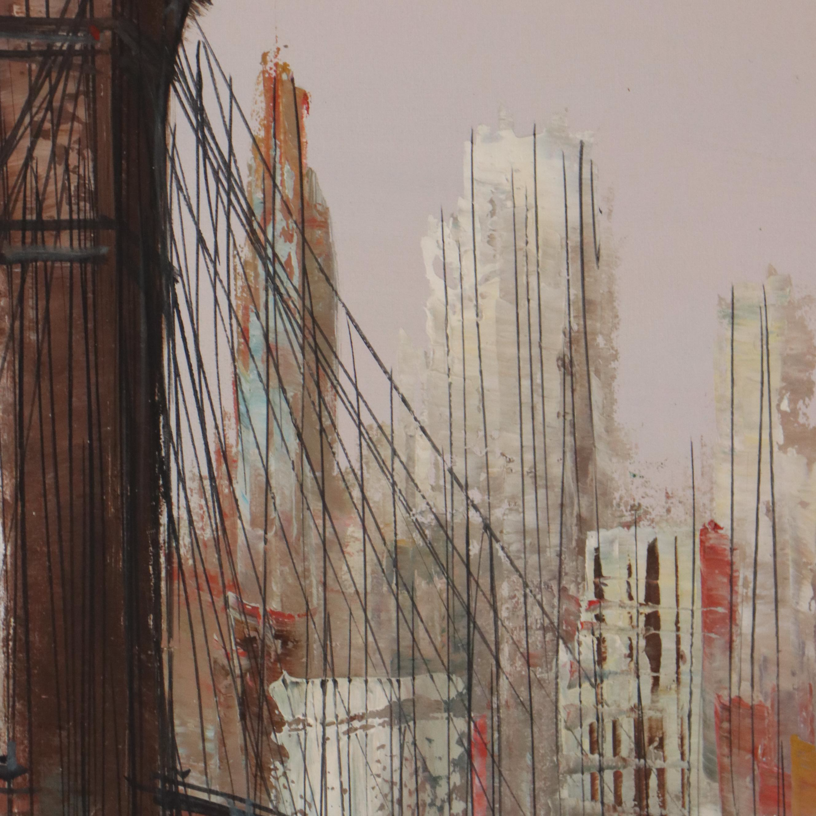 Postmodern Oil Painting of Brooklyn Bridge, Mid-20th Century