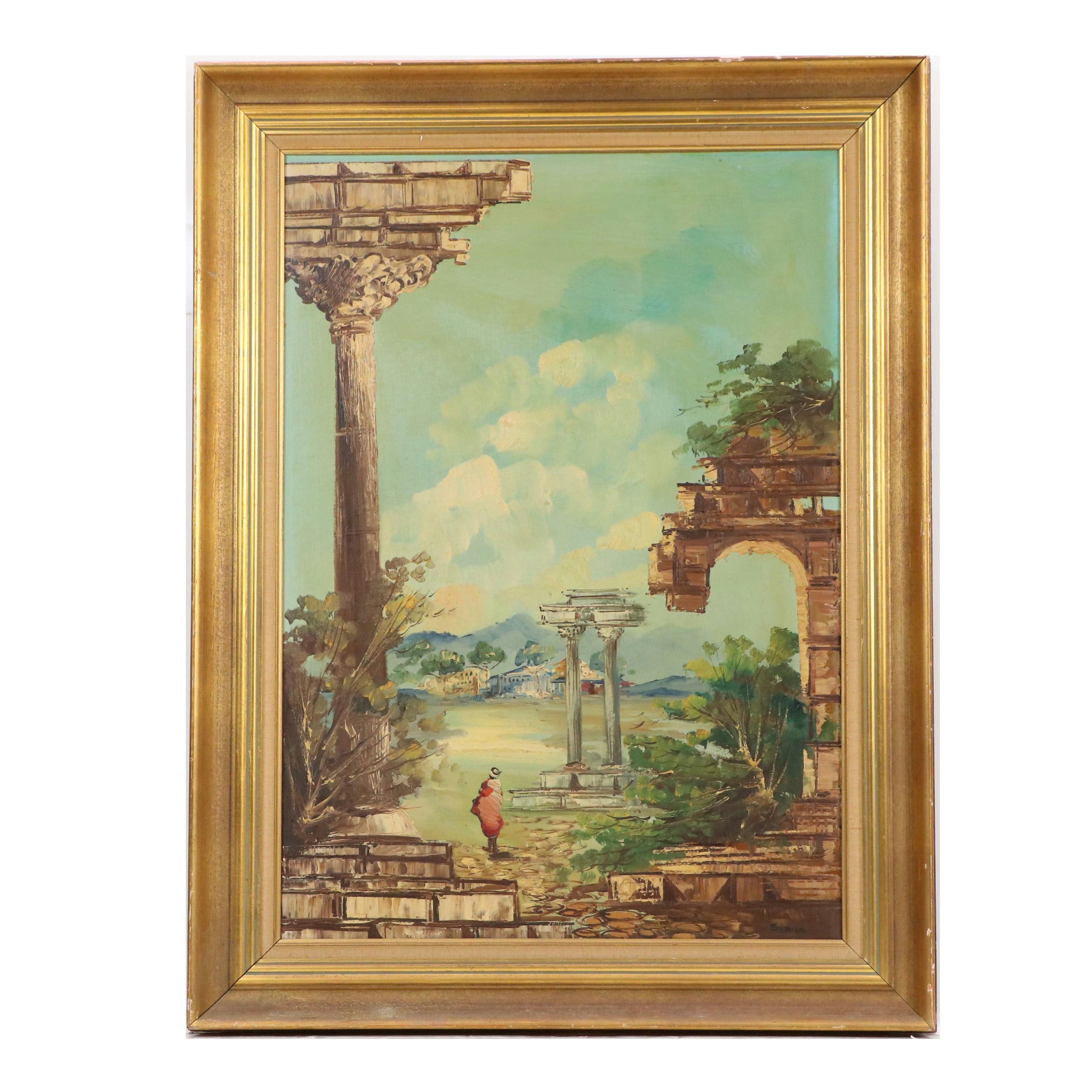 Oil Painting of Figure Among Classical Ruins, Early to Mid-20th Century