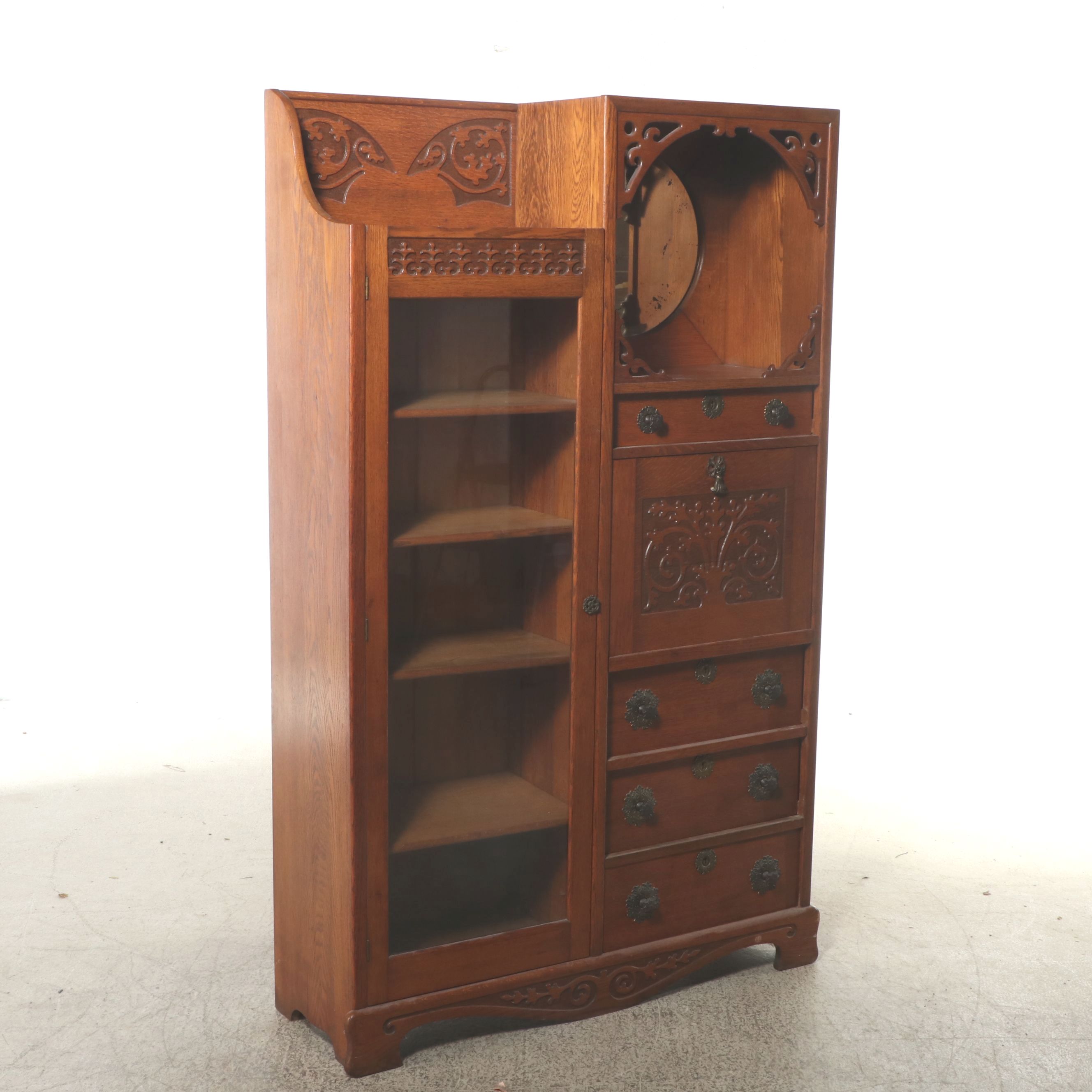 American Late Victorian Art Nouveau Style Carved Oak Secretary Bookcase