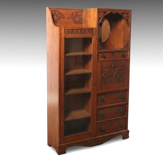 American Late Victorian Art Nouveau Style Carved Oak Secretary Bookcase