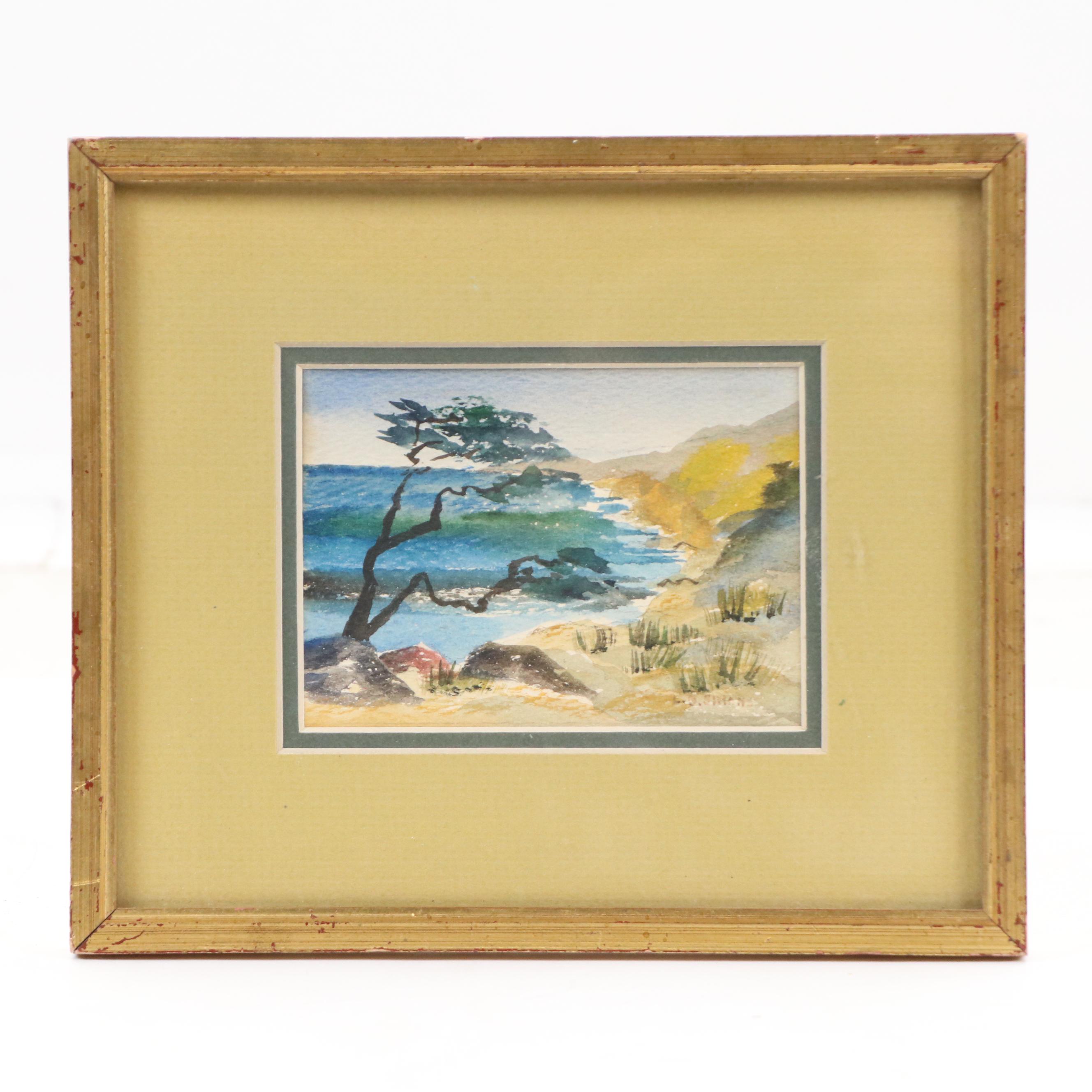 Watercolor Painting "California Coast," Mid to Late 20th Century