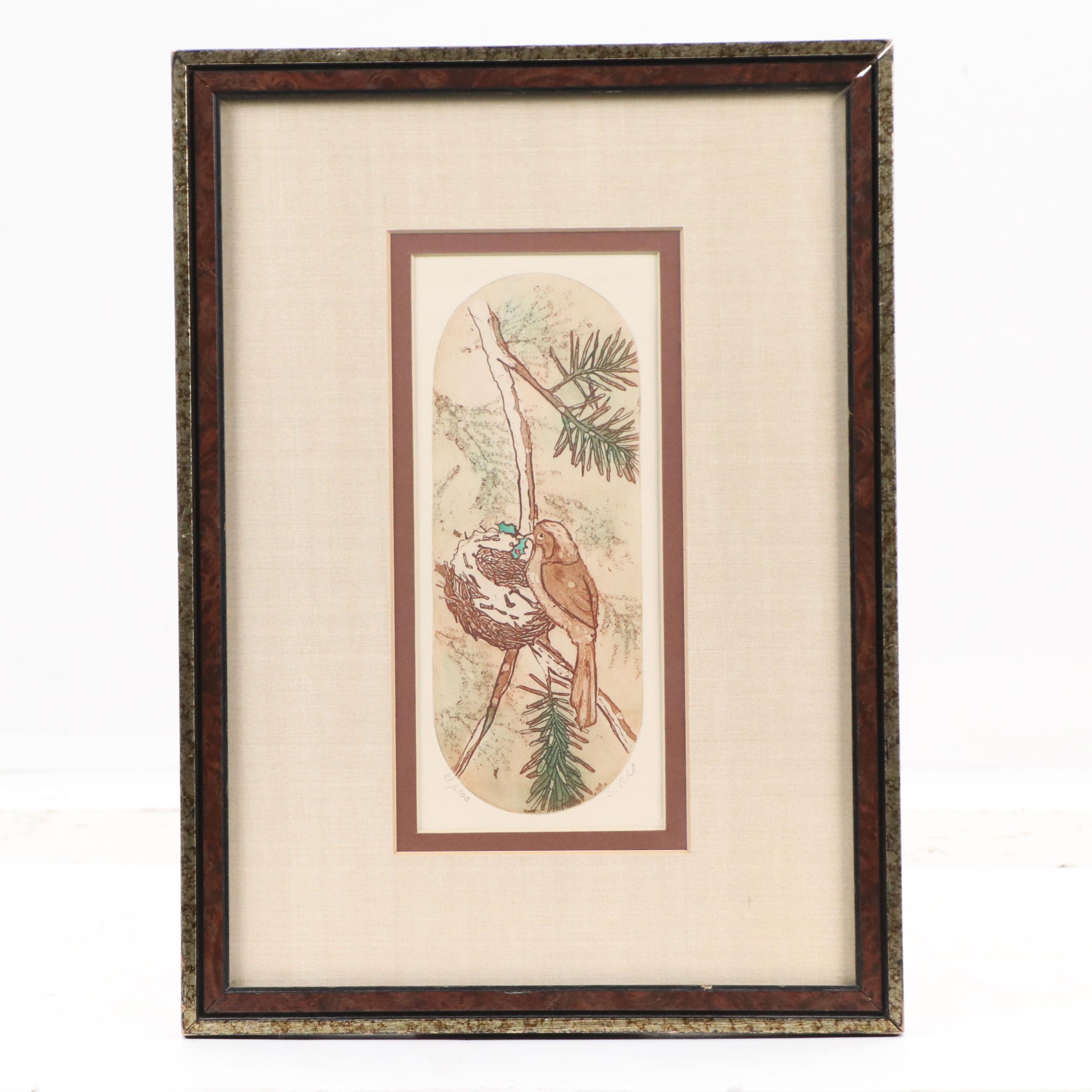 S. Ahl Hand-Colored Etching of Songbird with Holly Sprig, Mid to Late 20th C.