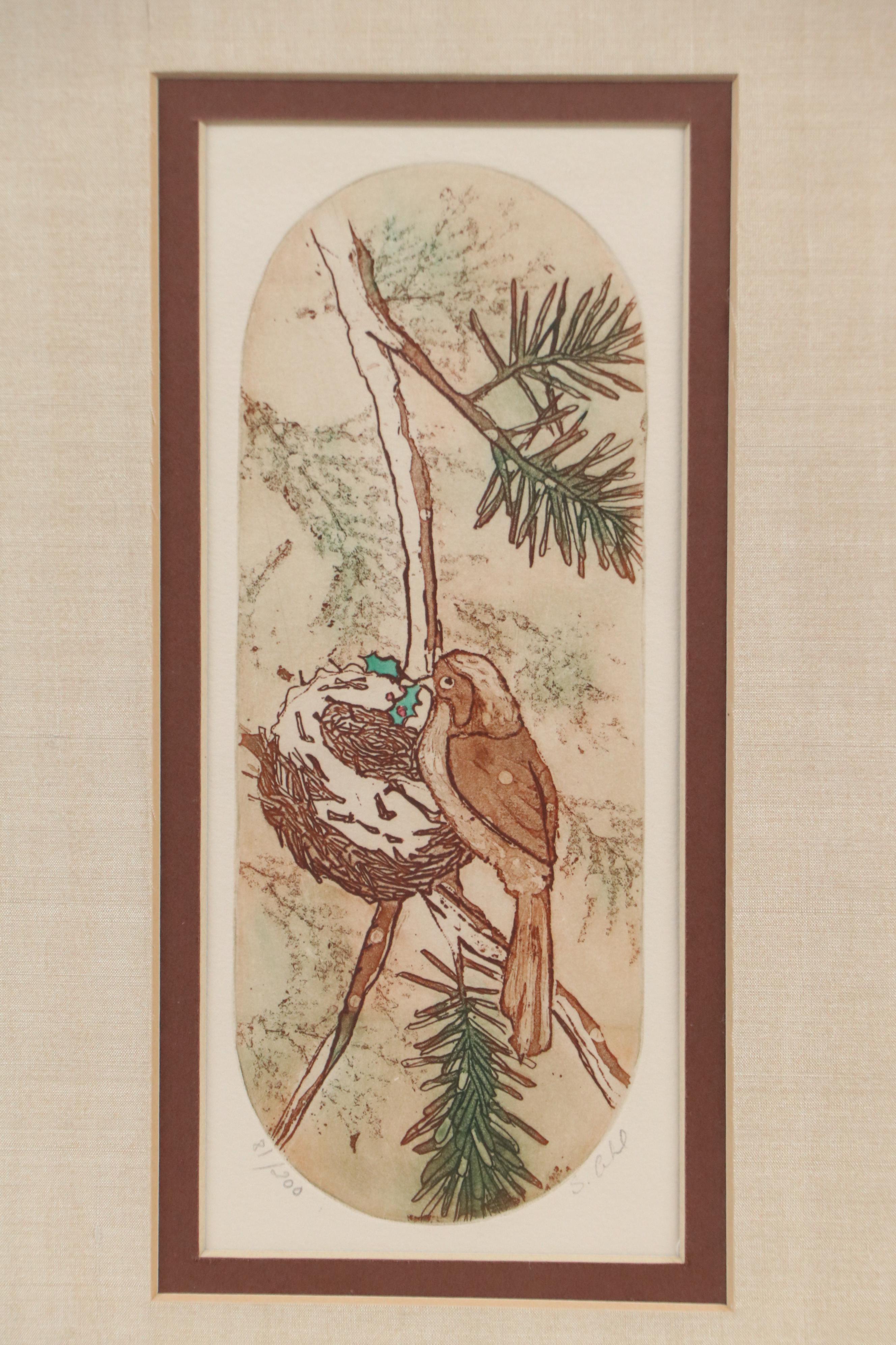 S. Ahl Hand-Colored Etching of Songbird with Holly Sprig, Mid to Late 20th C.