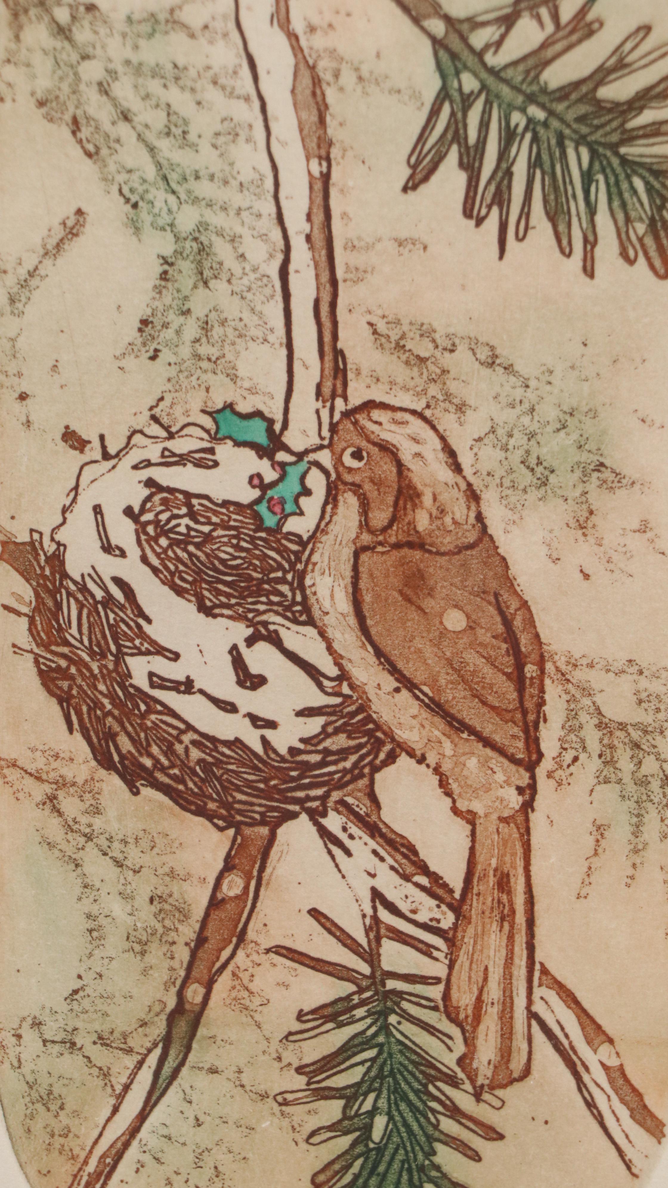 S. Ahl Hand-Colored Etching of Songbird with Holly Sprig, Mid to Late 20th C.