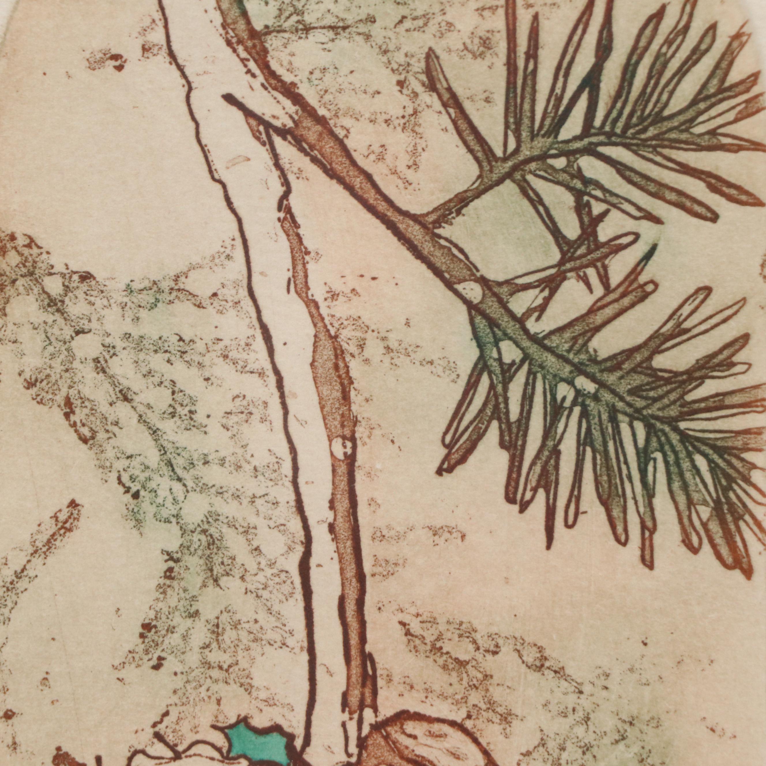 S. Ahl Hand-Colored Etching of Songbird with Holly Sprig, Mid to Late 20th C.