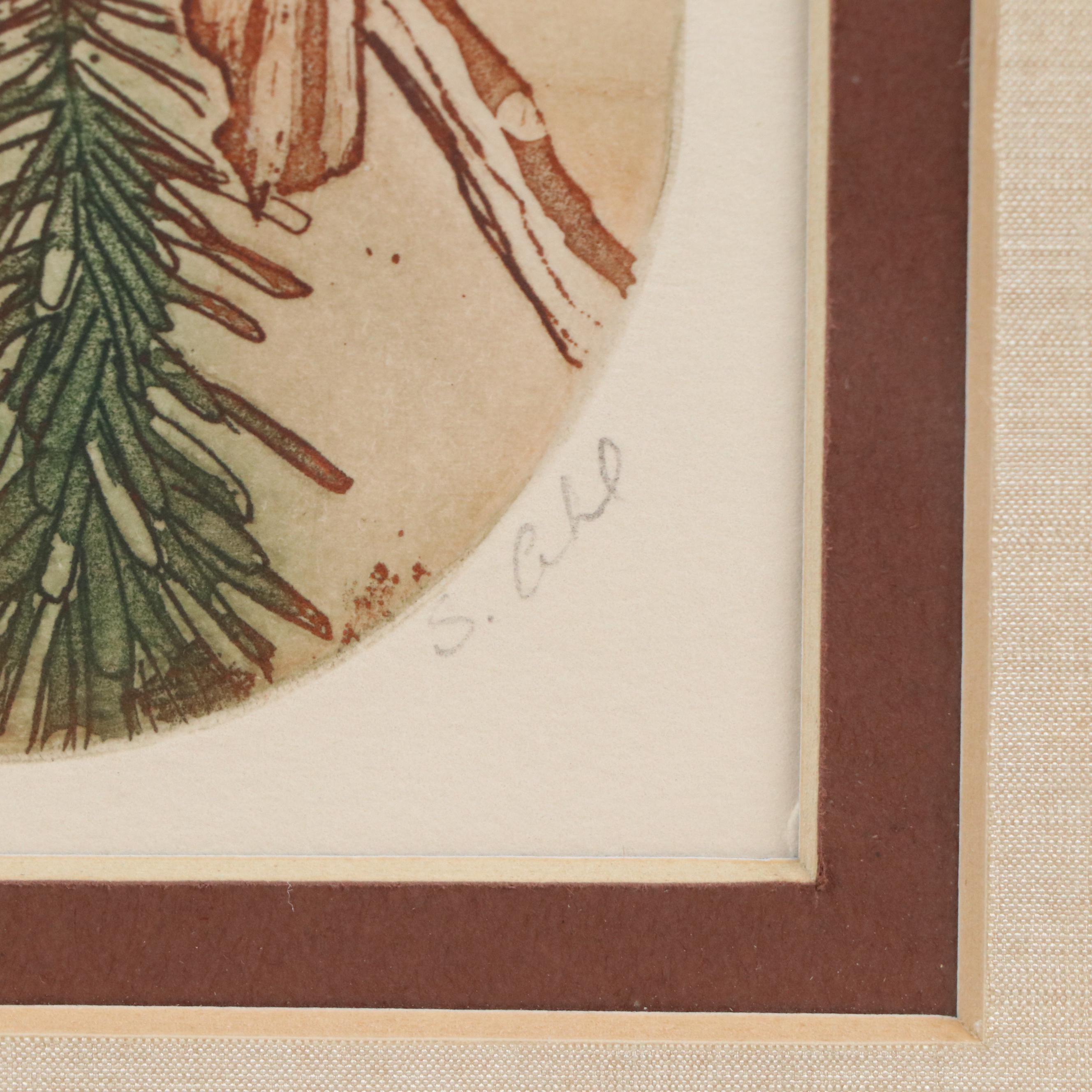 S. Ahl Hand-Colored Etching of Songbird with Holly Sprig, Mid to Late 20th C.