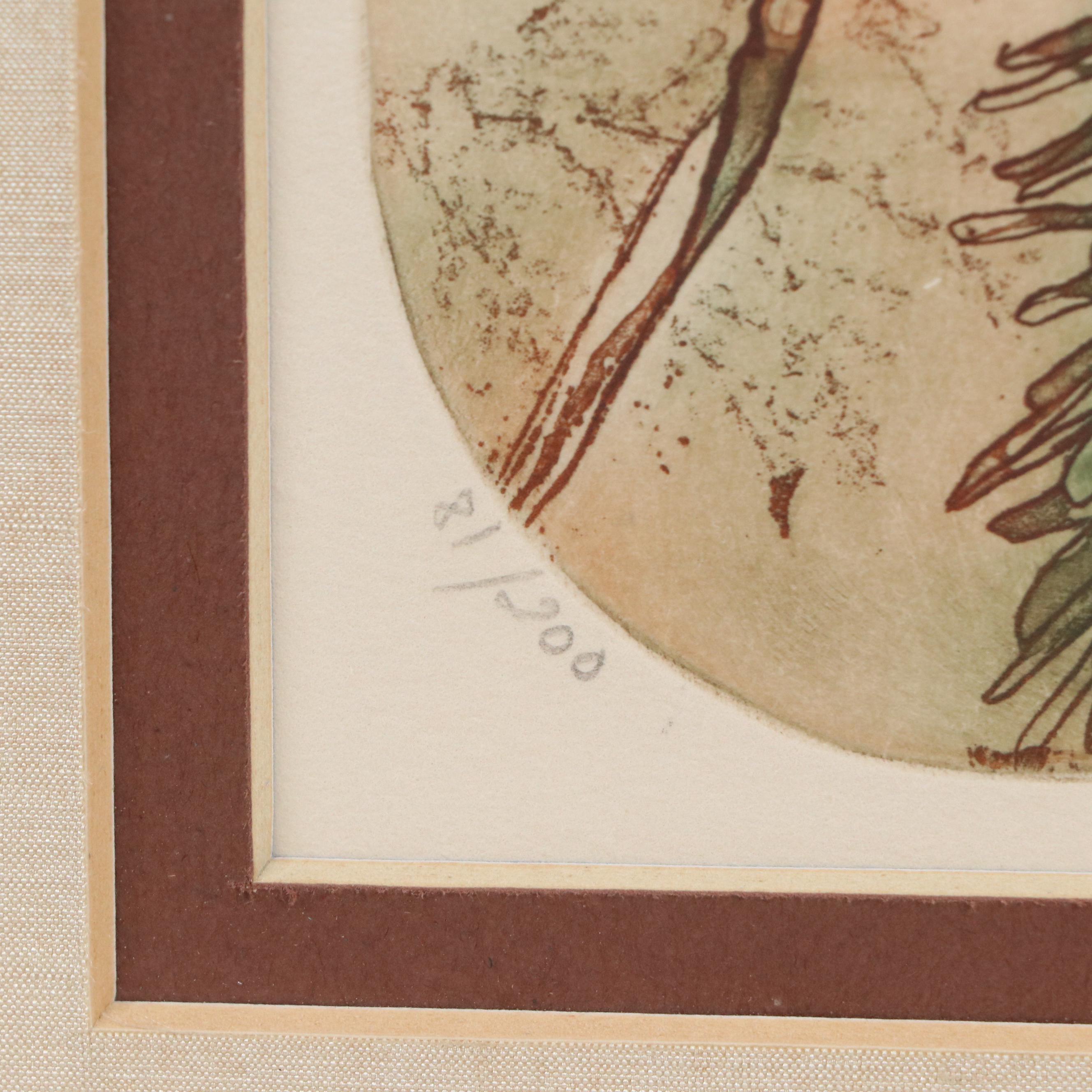 S. Ahl Hand-Colored Etching of Songbird with Holly Sprig, Mid to Late 20th C.