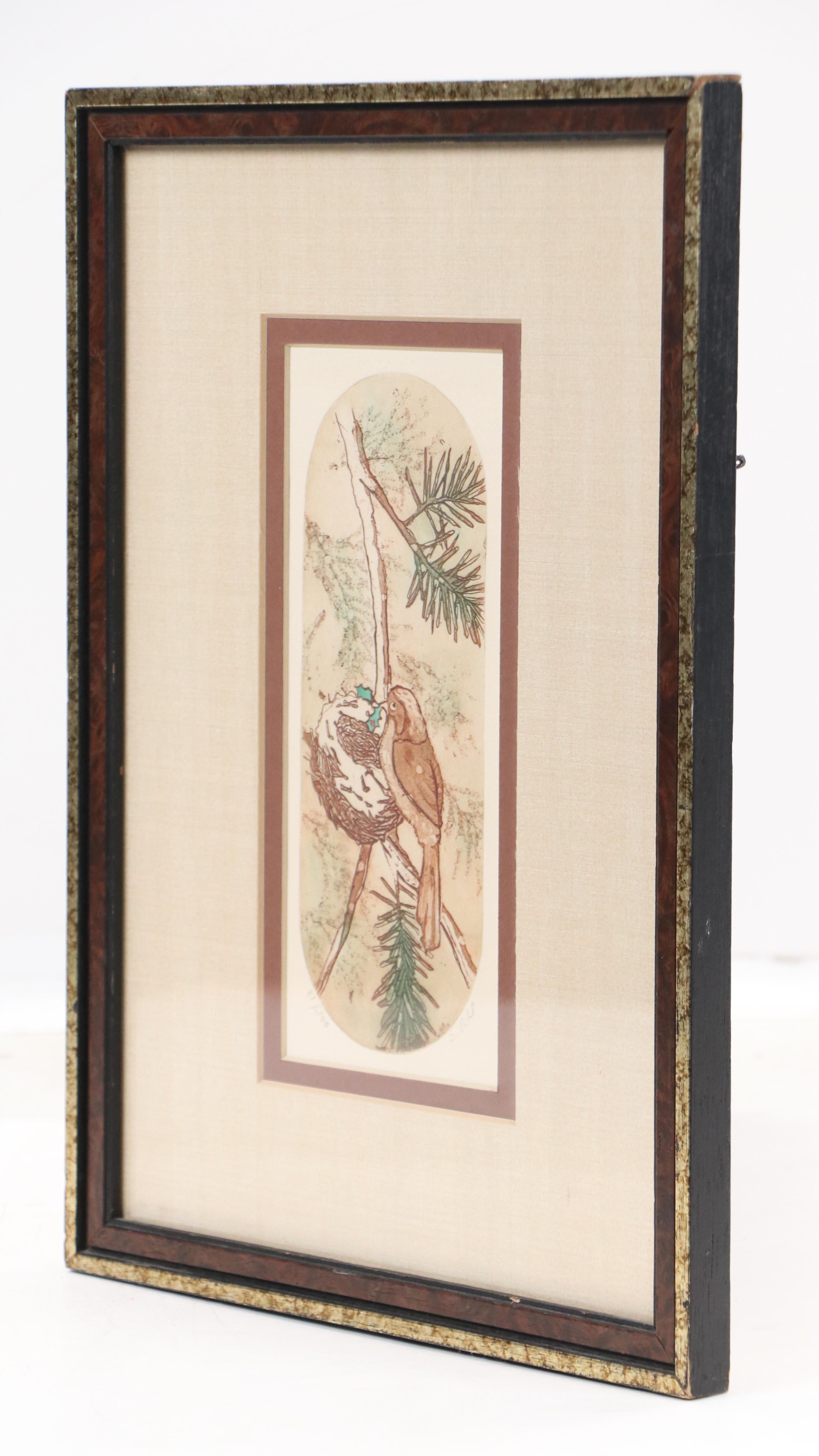 S. Ahl Hand-Colored Etching of Songbird with Holly Sprig, Mid to Late 20th C.