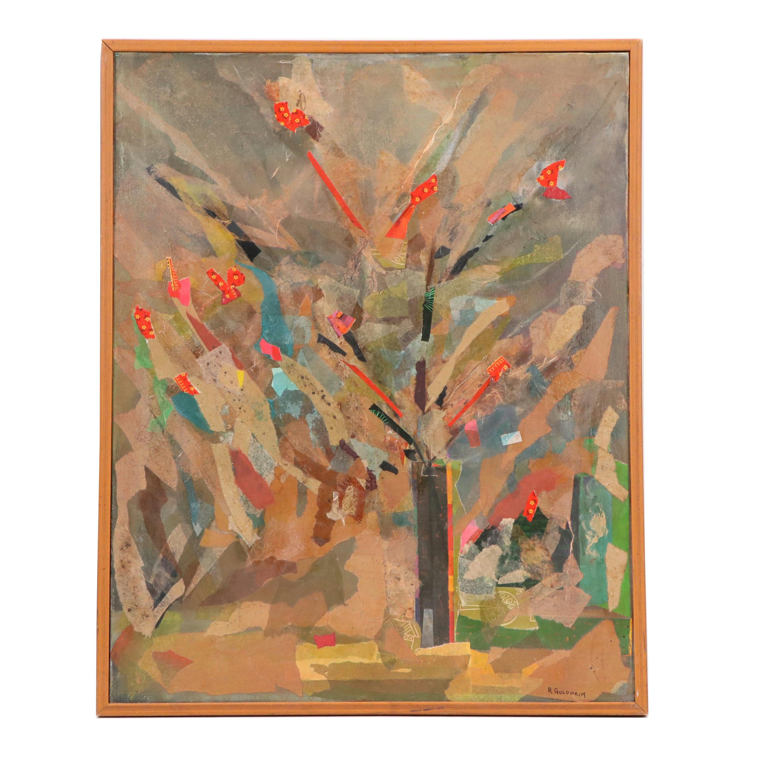 R. Goldheim Mixed Media "Vase + Flowers Collage," Late 20th Century