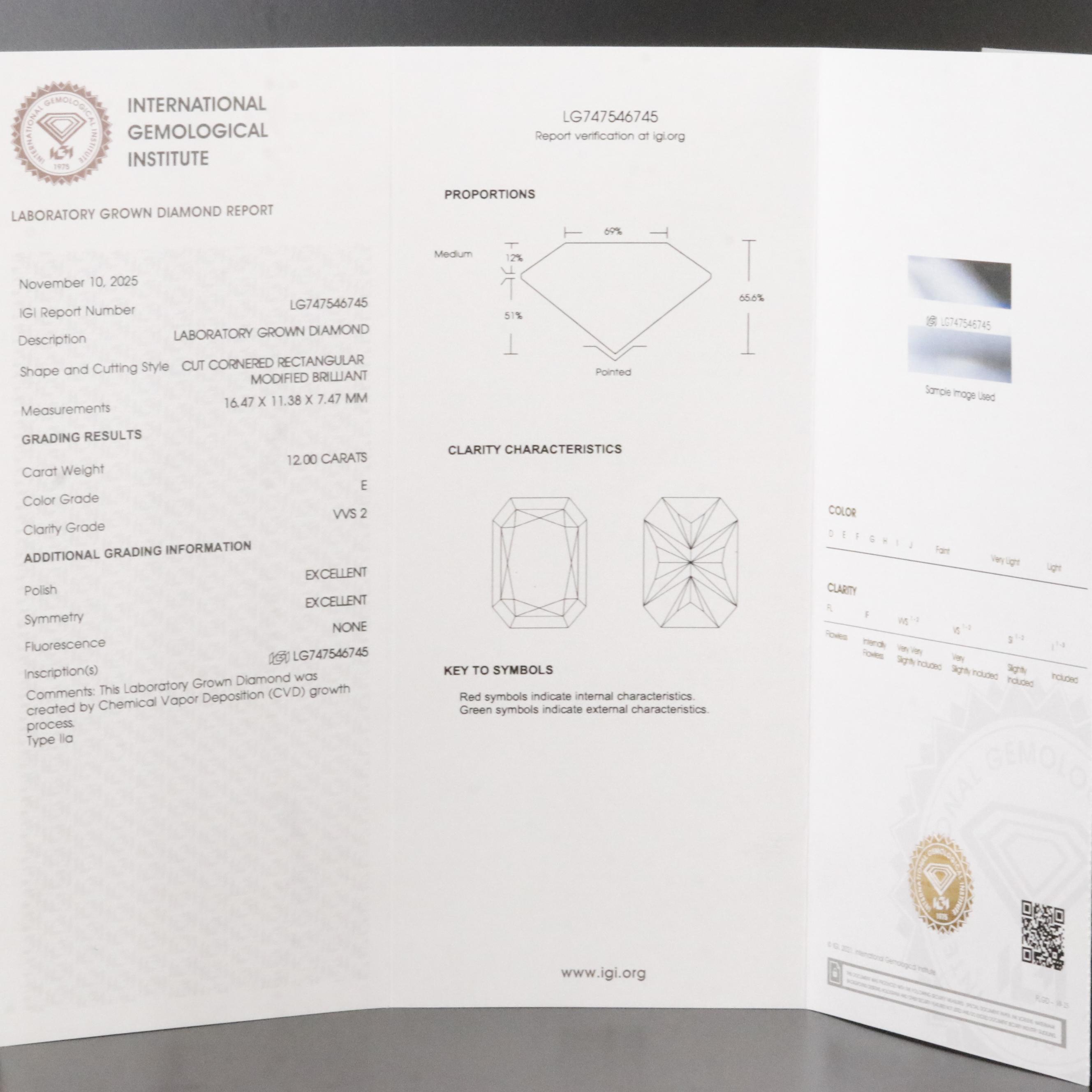 Loose 12.00 CT Lab Grown Diamond with IGI Report