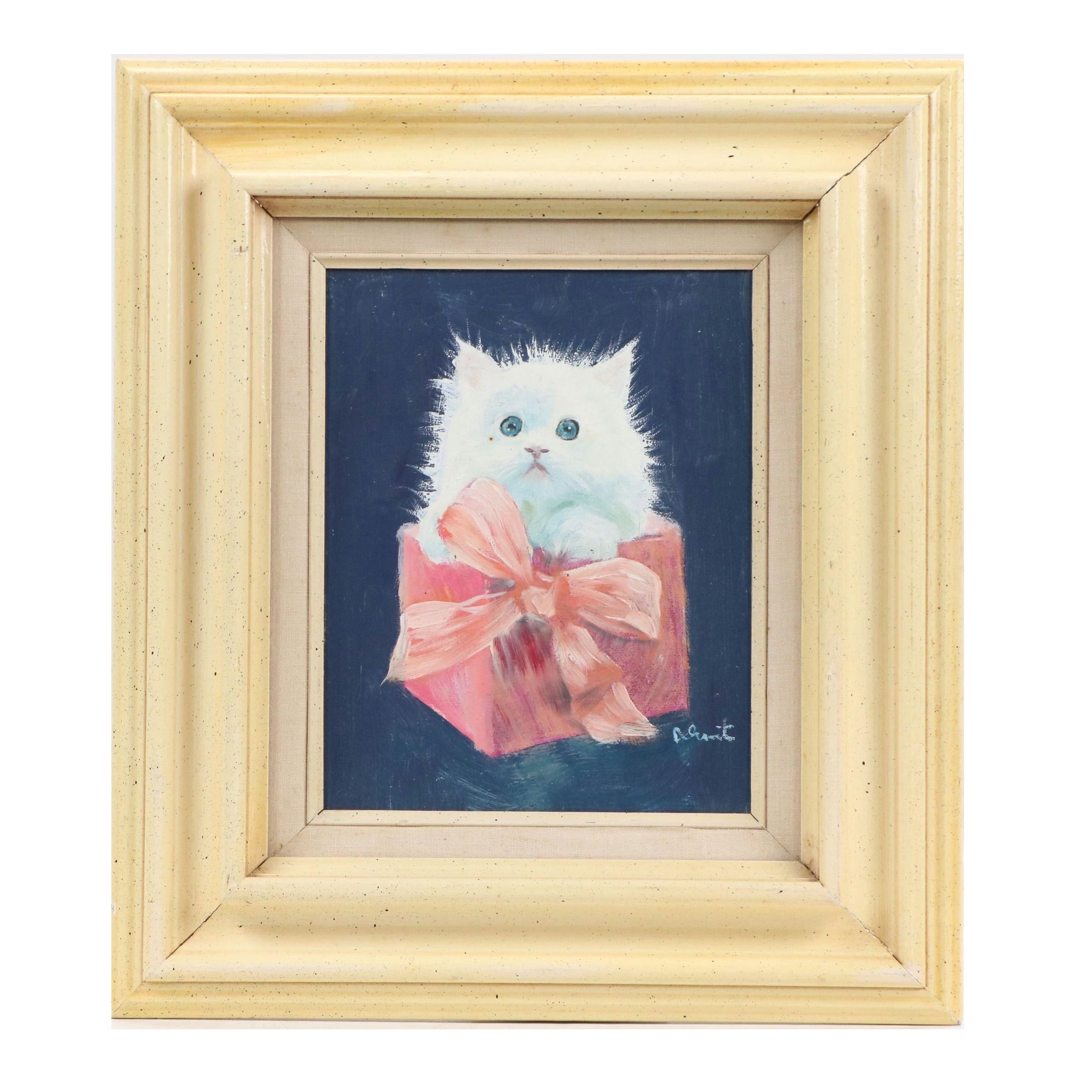 Oil Painting of Kitten in Gift Box, Late 20th Century
