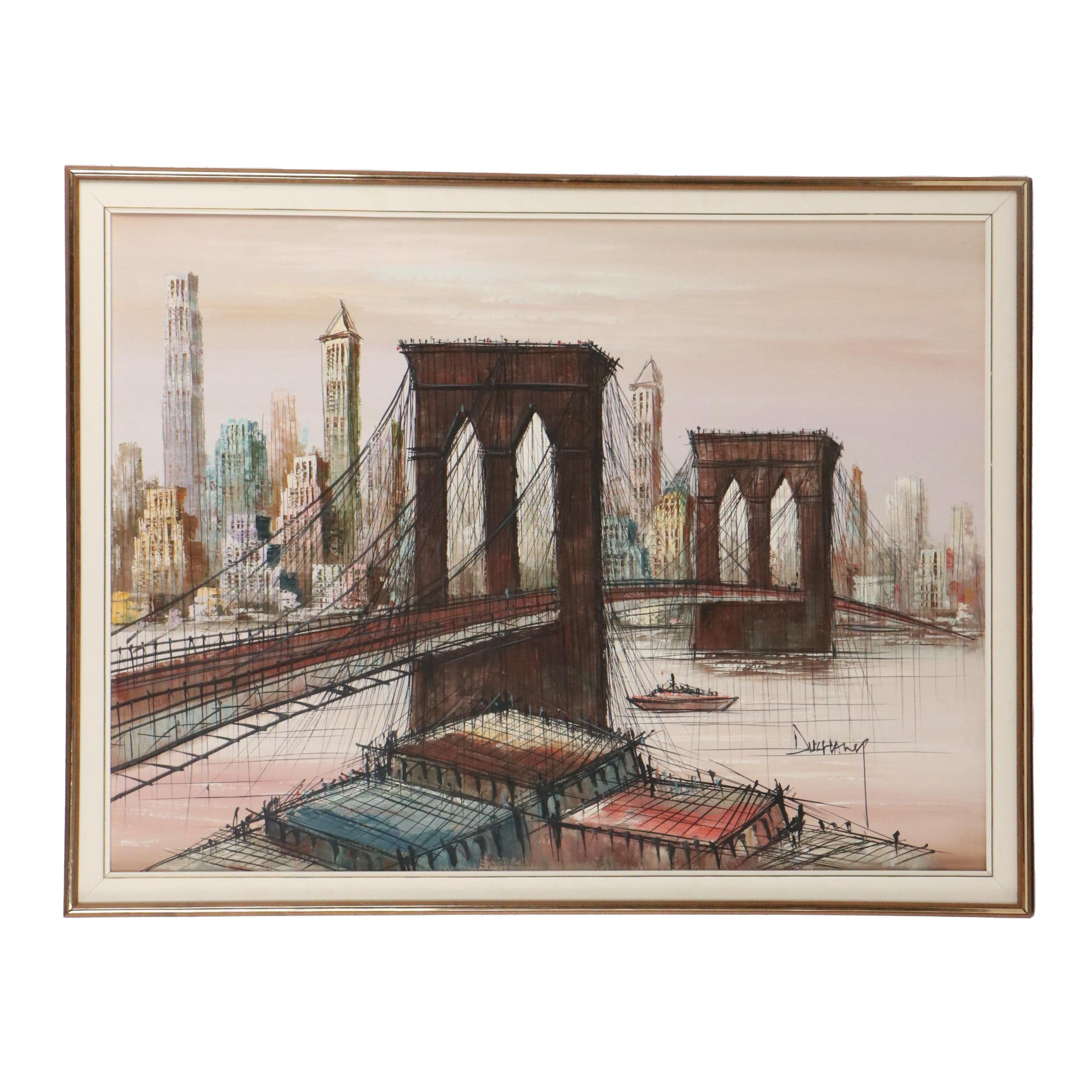 Postmodern Oil Painting of Brooklyn Bridge, Mid-20th Century