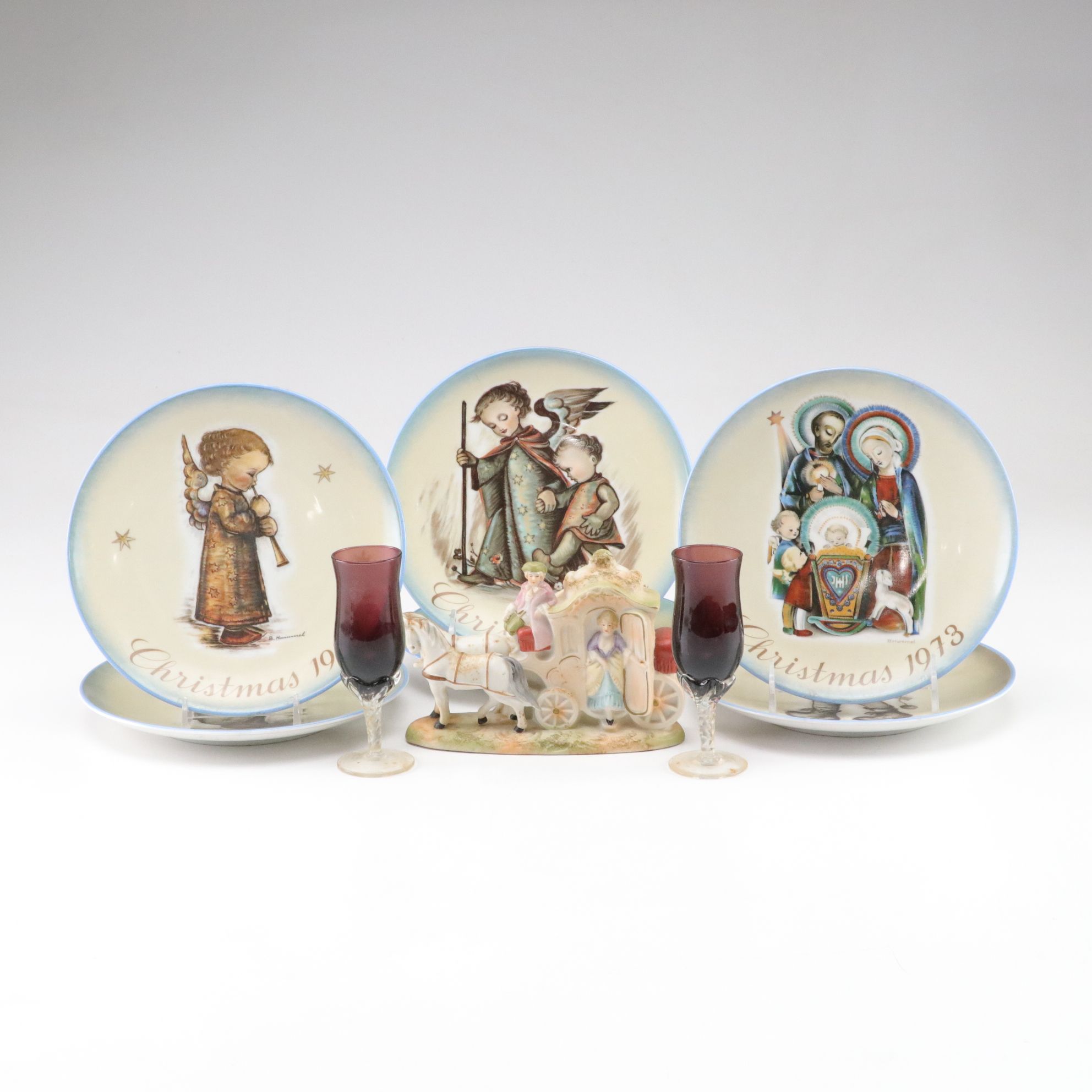 Empoli Amethyst Cordial Glasses with Hummel Collector Plates & More, 1970s