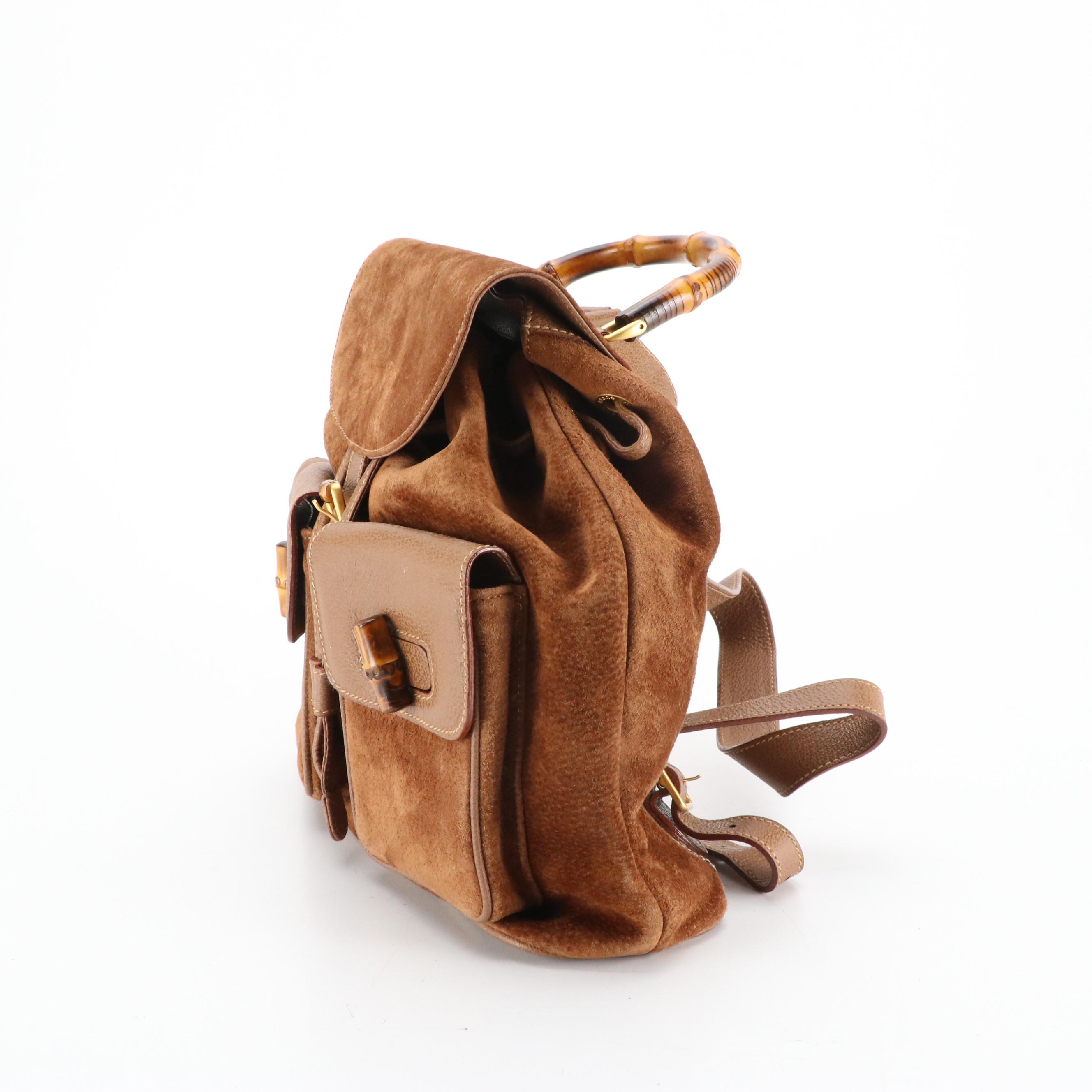 Gucci Bamboo Handle Double Pocket Backpack in Brown Suede and Leather