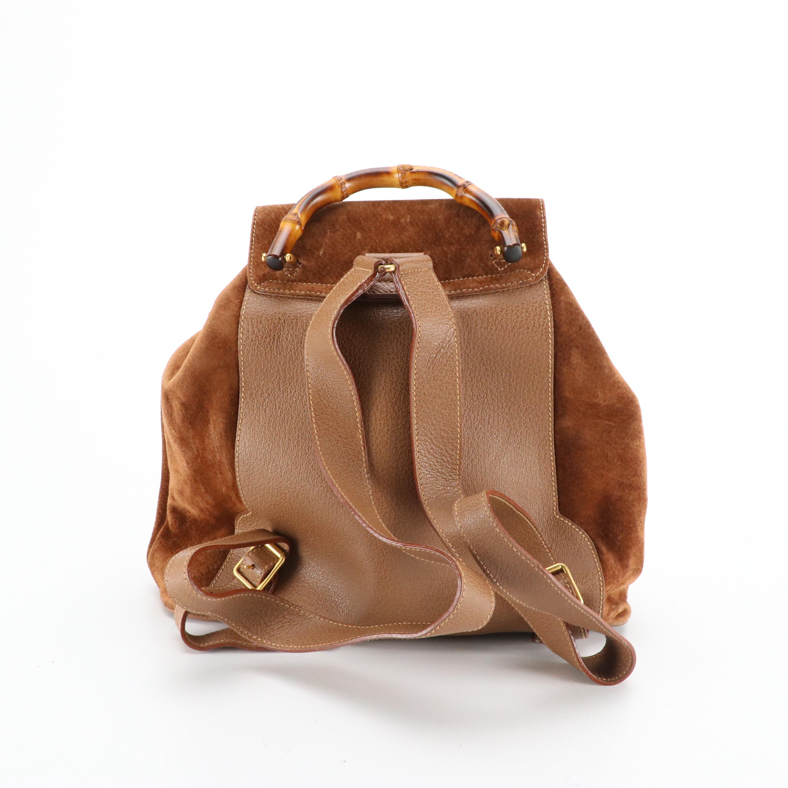Gucci Bamboo Handle Double Pocket Backpack in Brown Suede and Leather