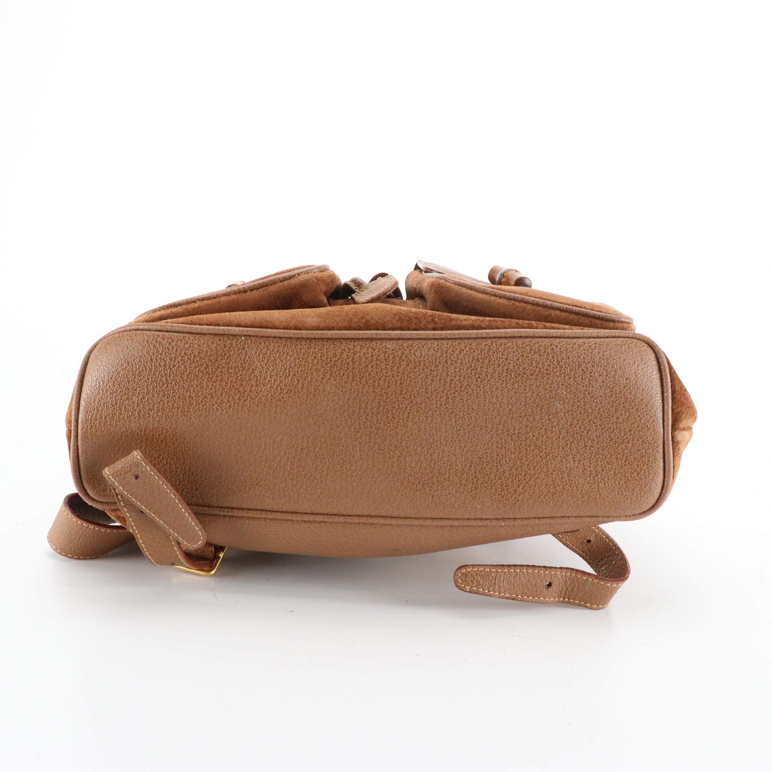 Gucci Bamboo Handle Double Pocket Backpack in Brown Suede and Leather