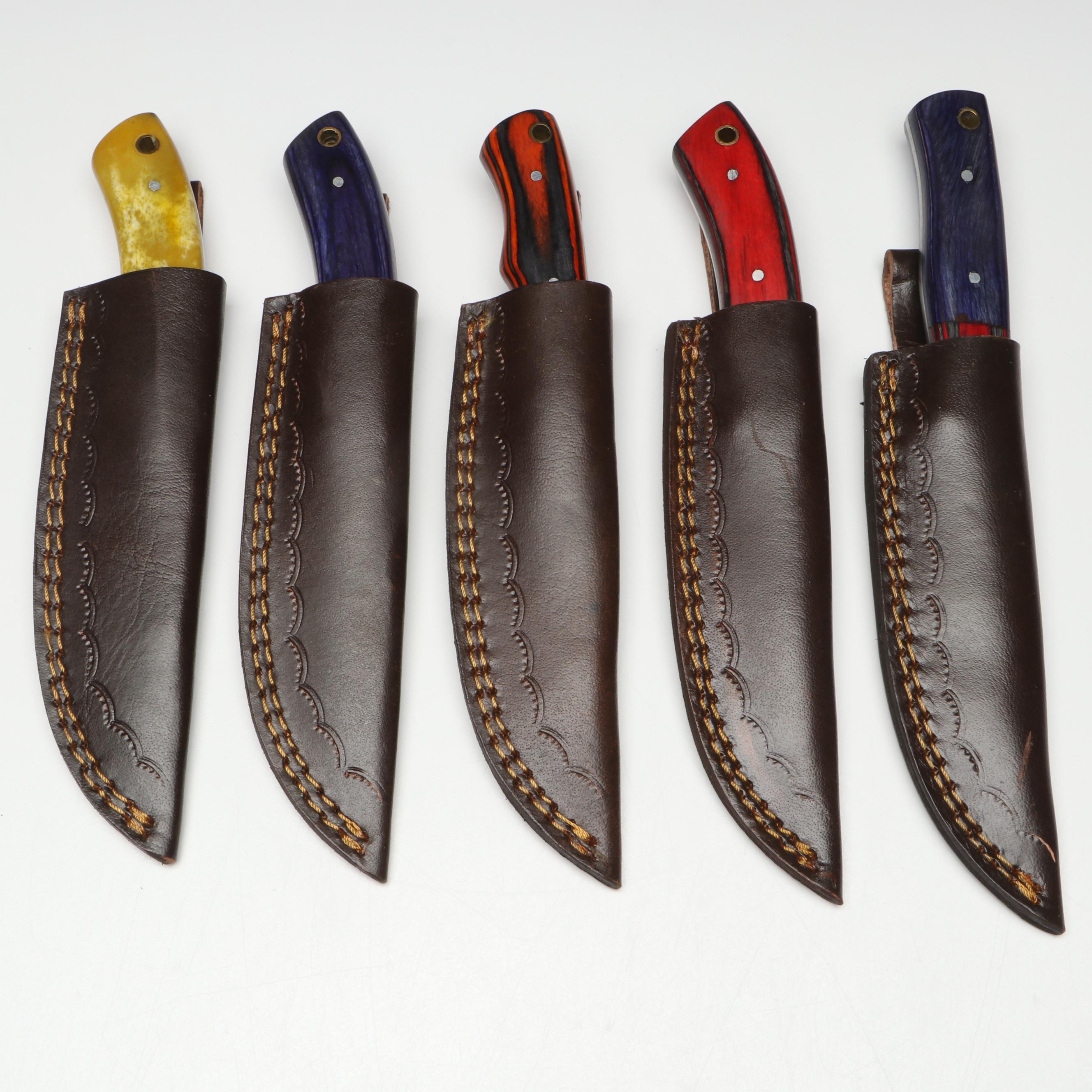 Damascus Steel Hunting Knives in Leather Scabbards