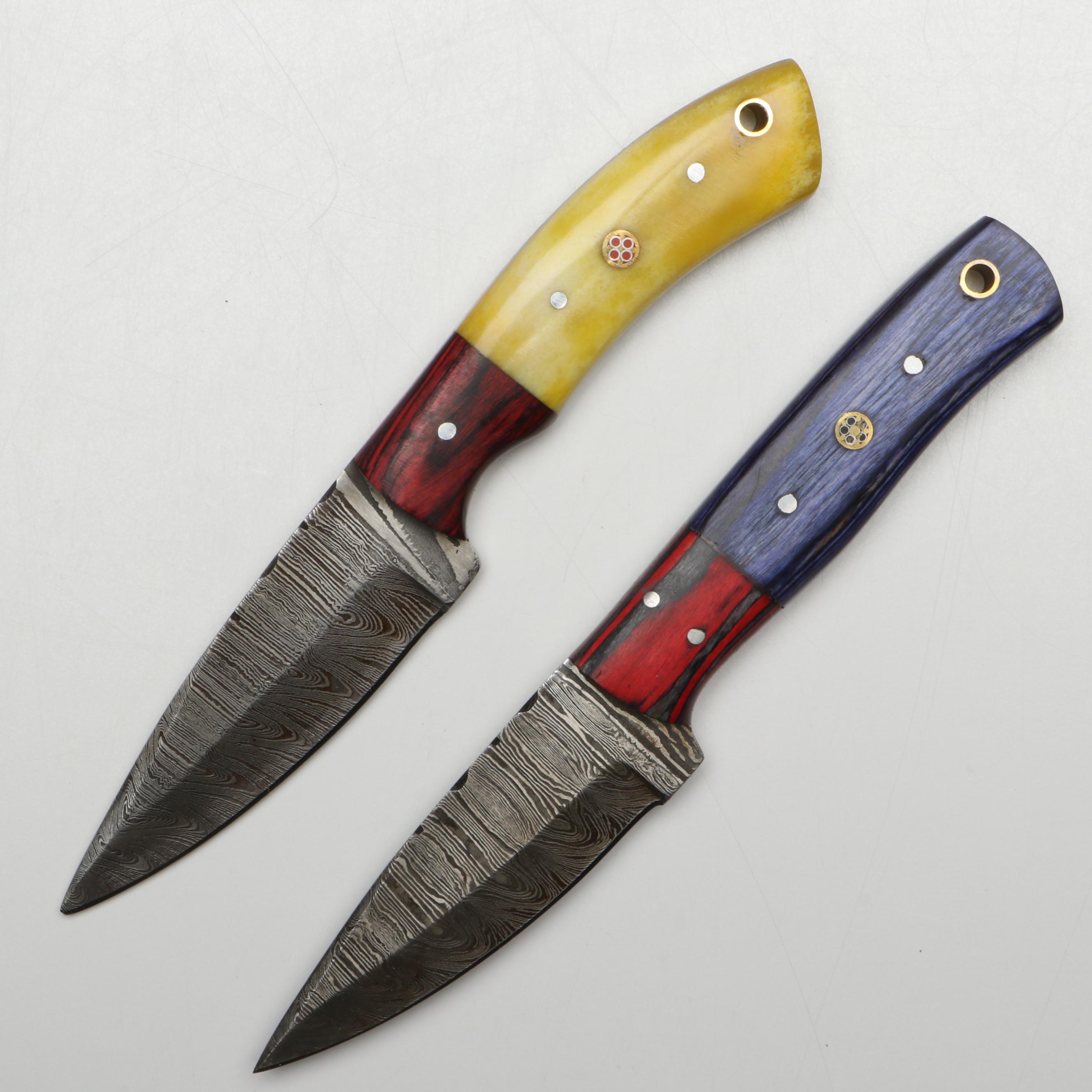 Damascus Steel Hunting Knives in Leather Scabbards