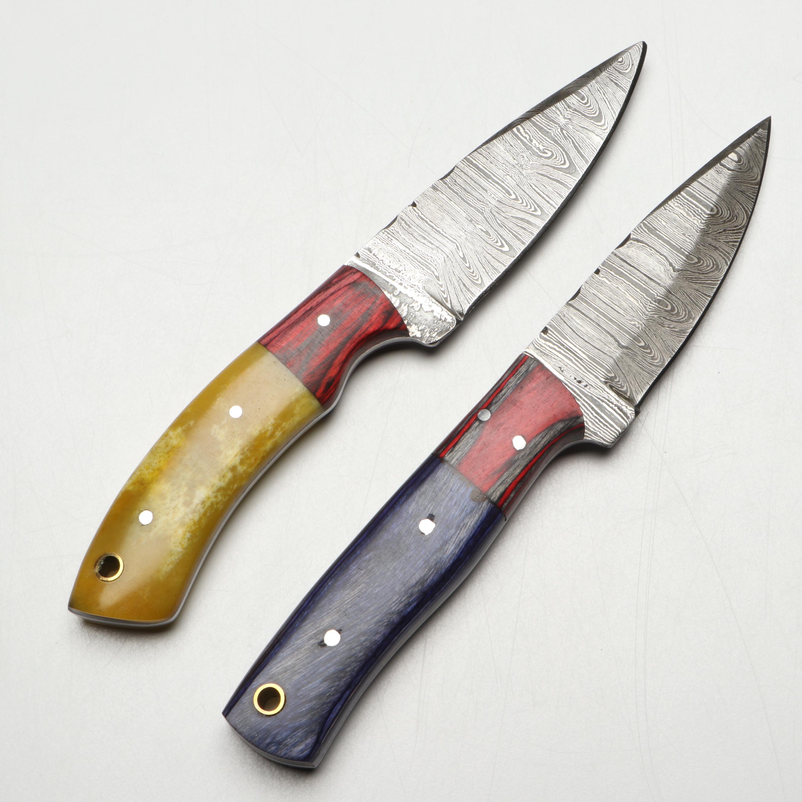 Damascus Steel Hunting Knives in Leather Scabbards