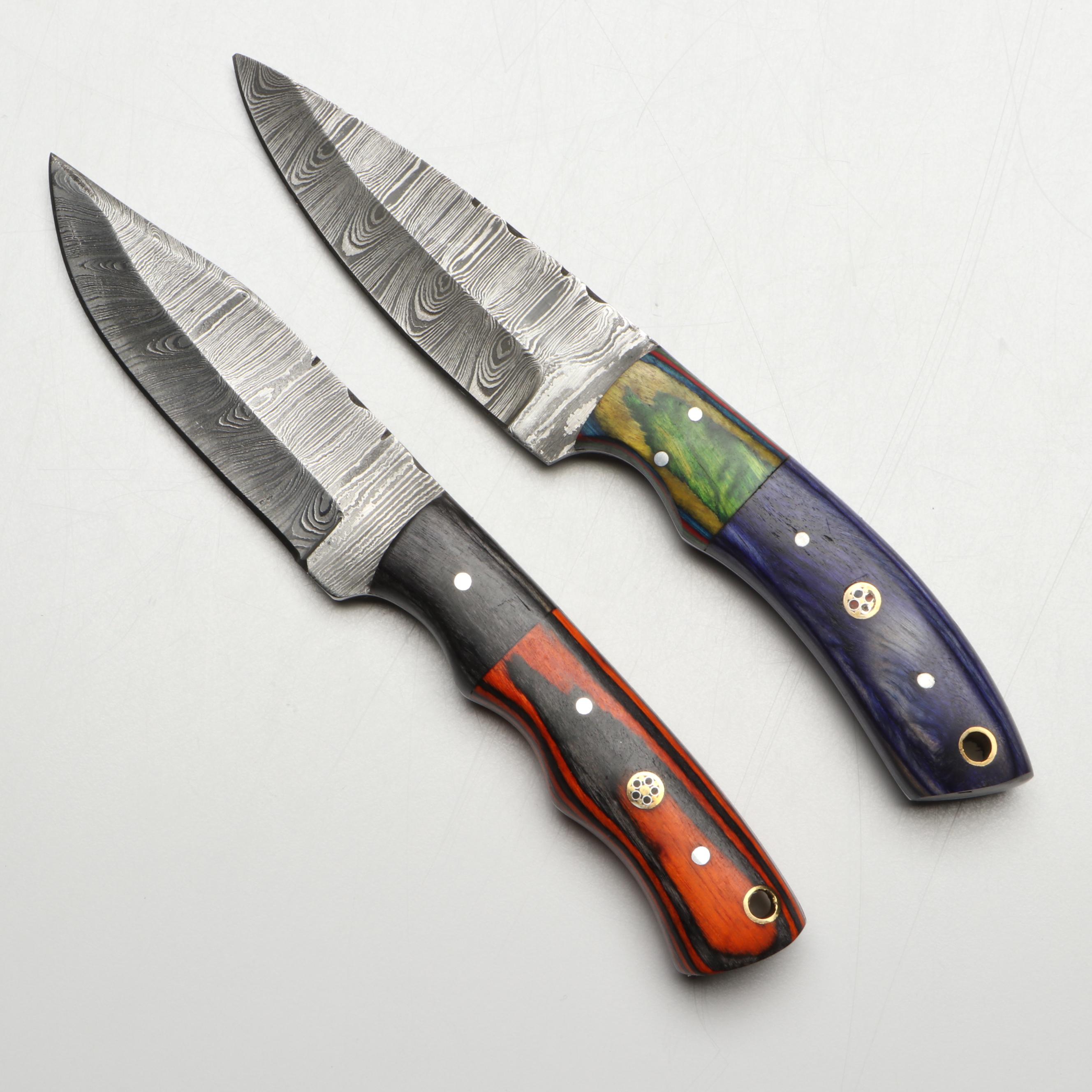 Damascus Steel Hunting Knives in Leather Scabbards