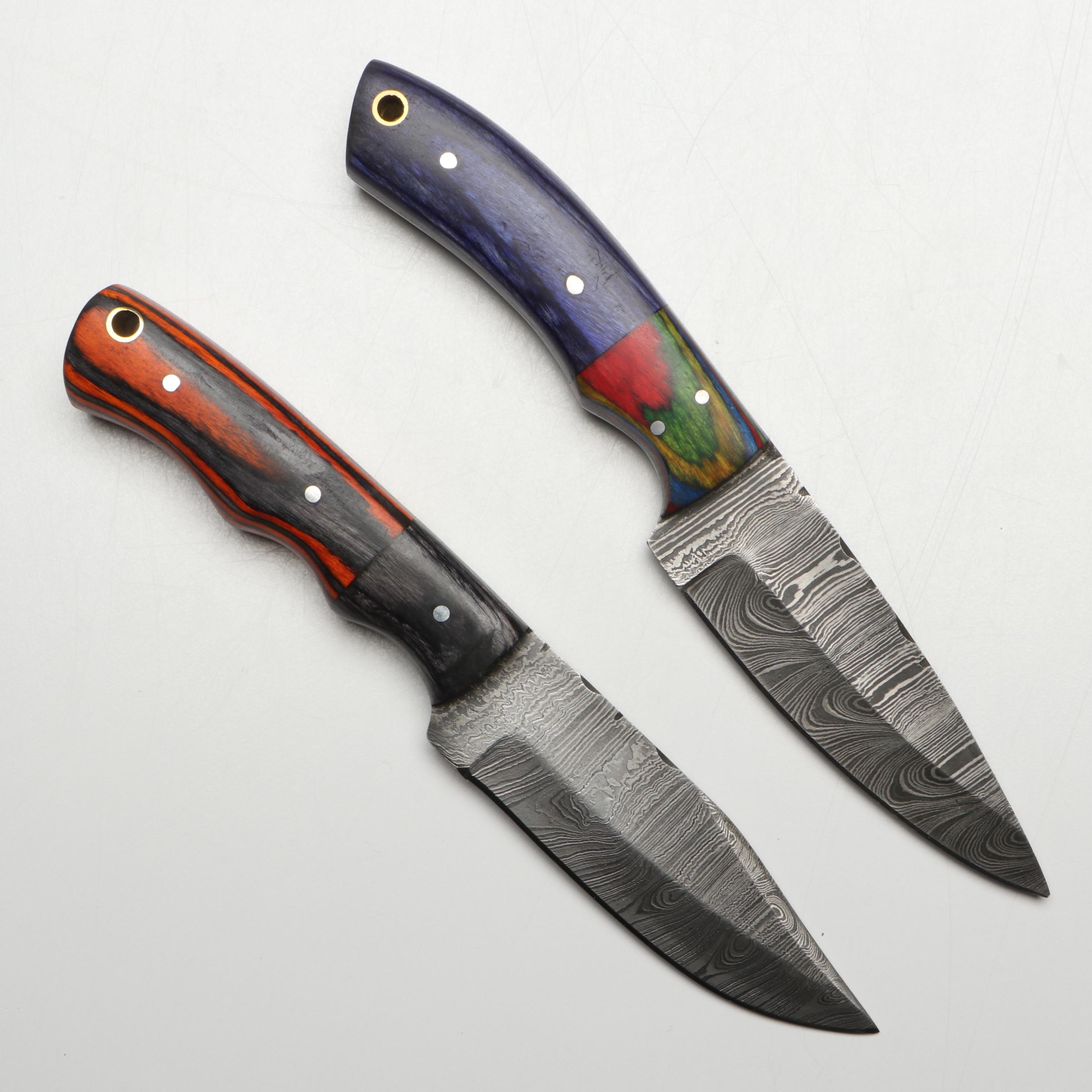 Damascus Steel Hunting Knives in Leather Scabbards