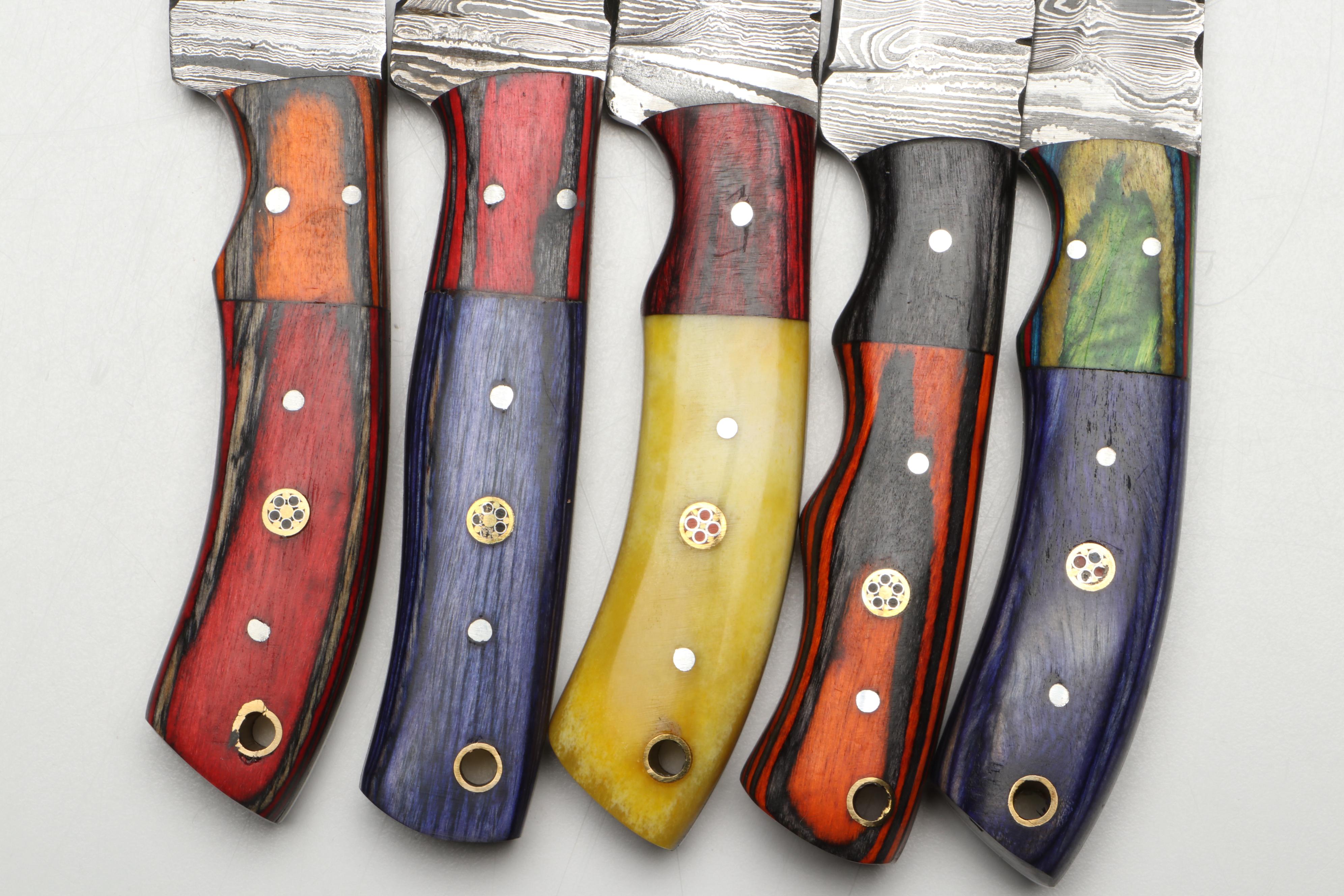 Damascus Steel Hunting Knives in Leather Scabbards