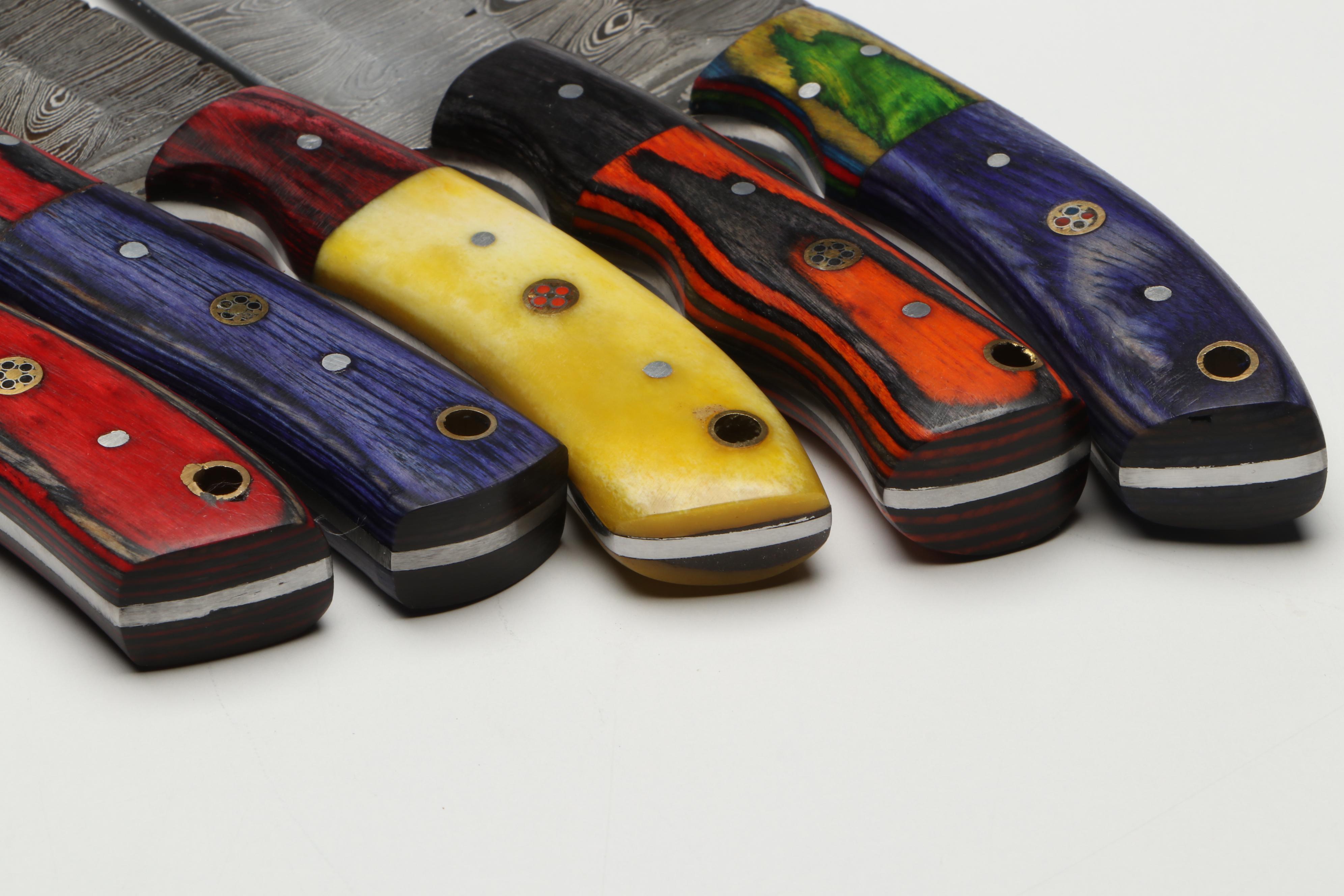 Damascus Steel Hunting Knives in Leather Scabbards