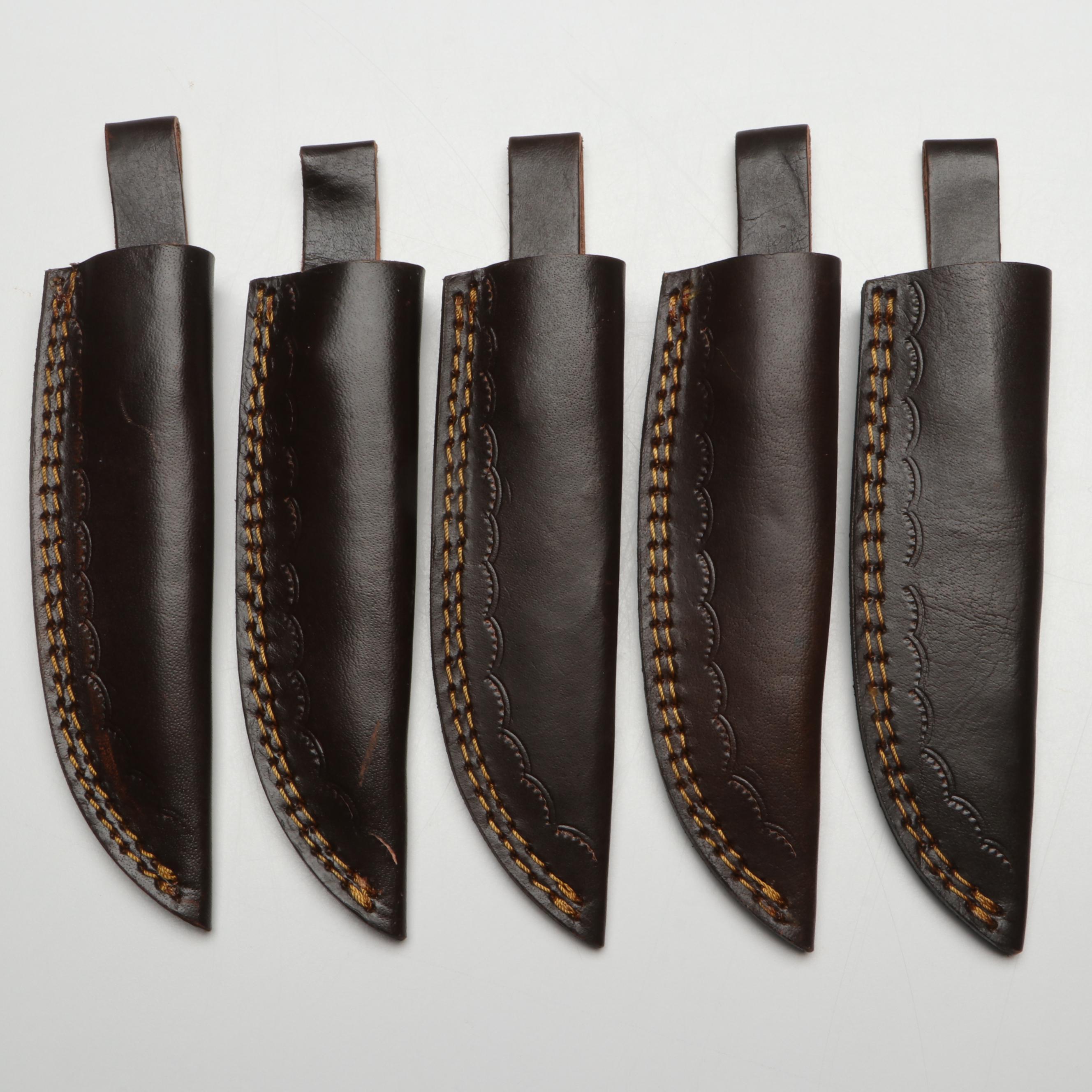Damascus Steel Hunting Knives in Leather Scabbards