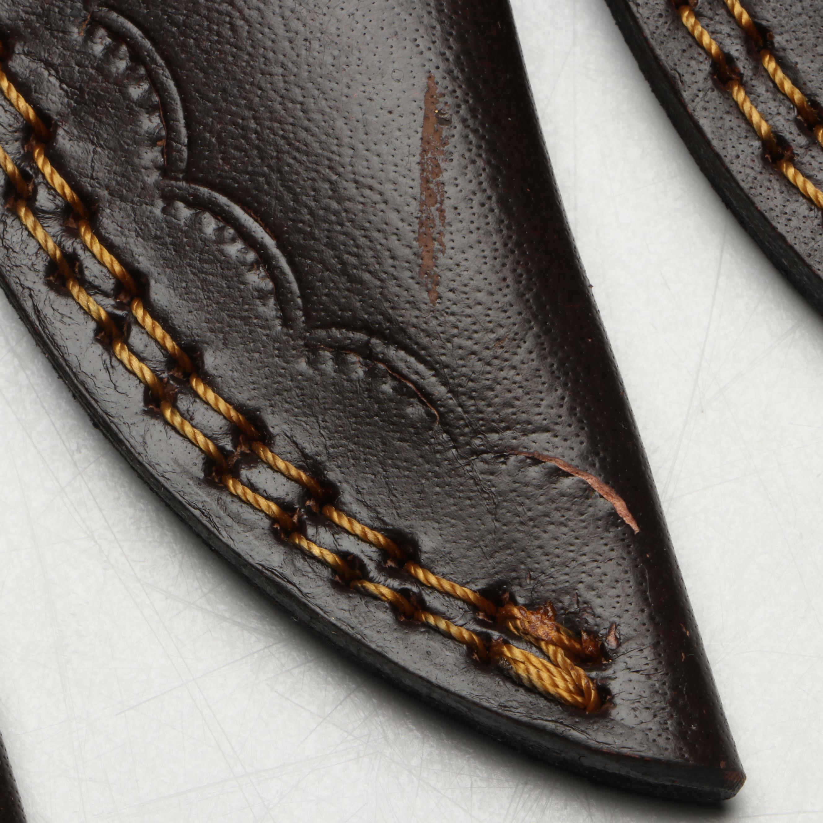 Damascus Steel Hunting Knives in Leather Scabbards