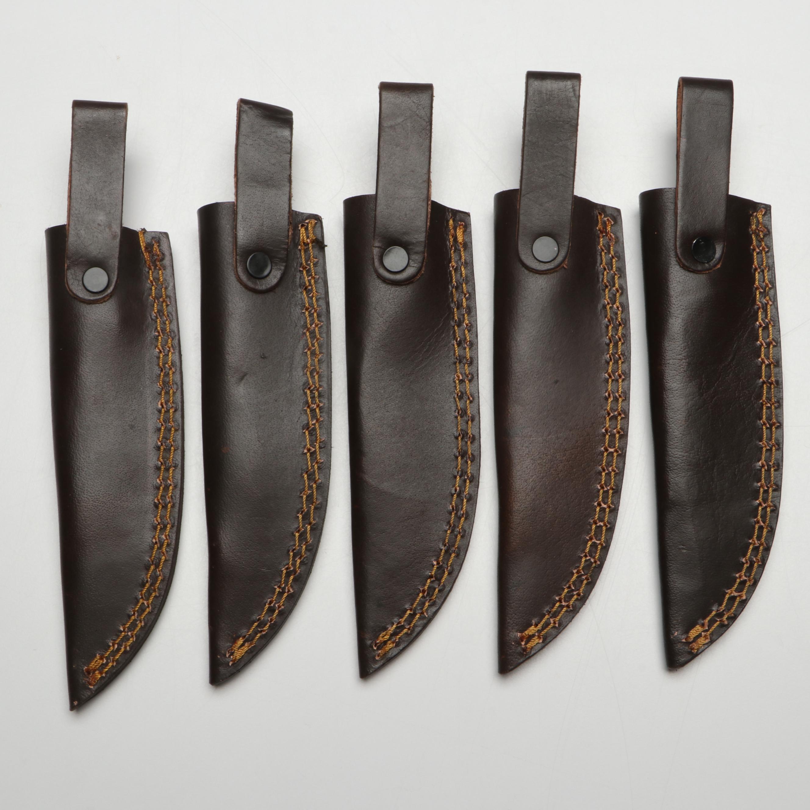 Damascus Steel Hunting Knives in Leather Scabbards