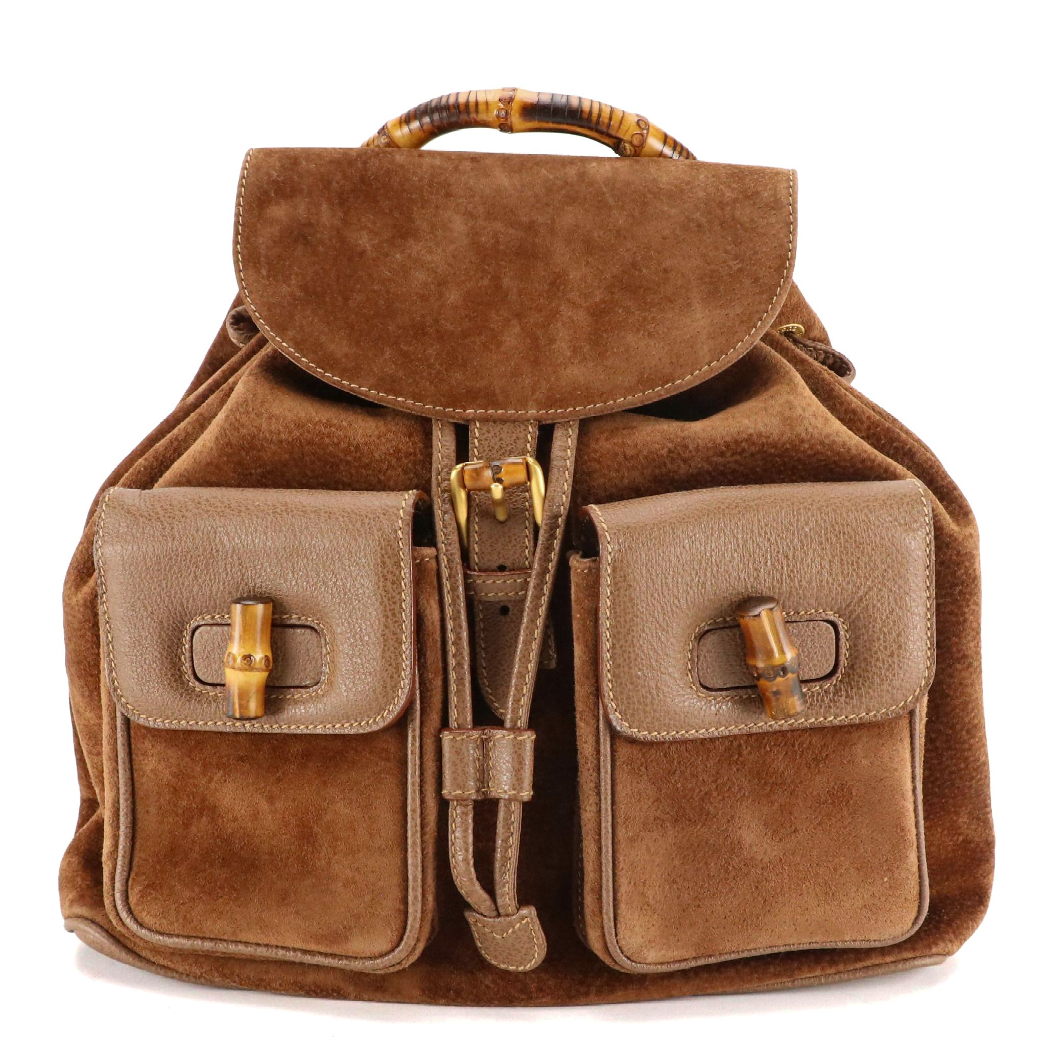 Gucci Bamboo Handle Double Pocket Backpack in Brown Suede and Leather