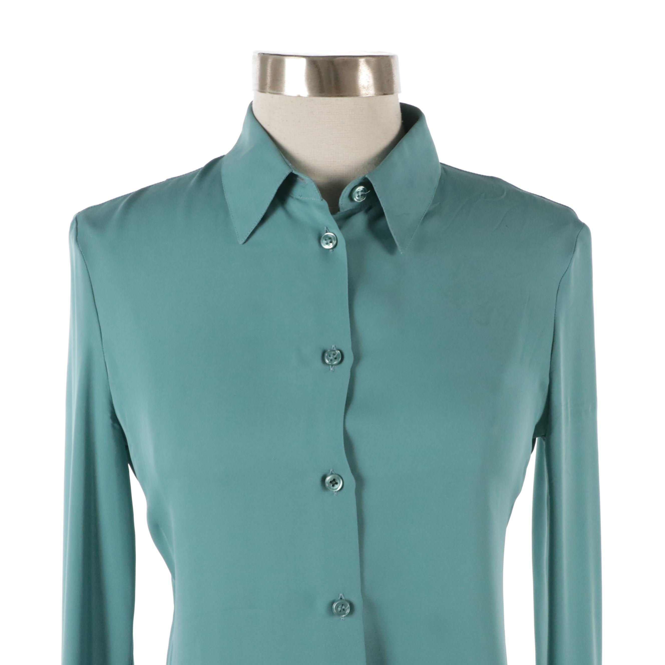Emporio Armani Teal Blue Silk Long Sleeve Button Down Blouse