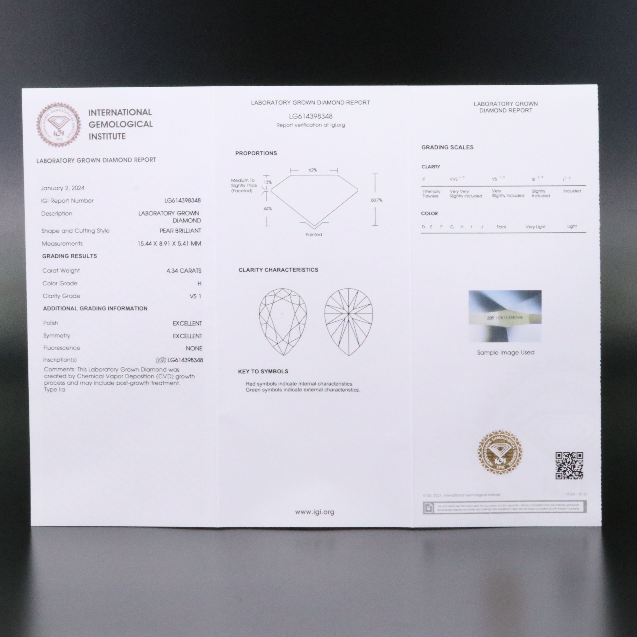 Loose 4.34 CT Lab Grown Diamond with IGI Report
