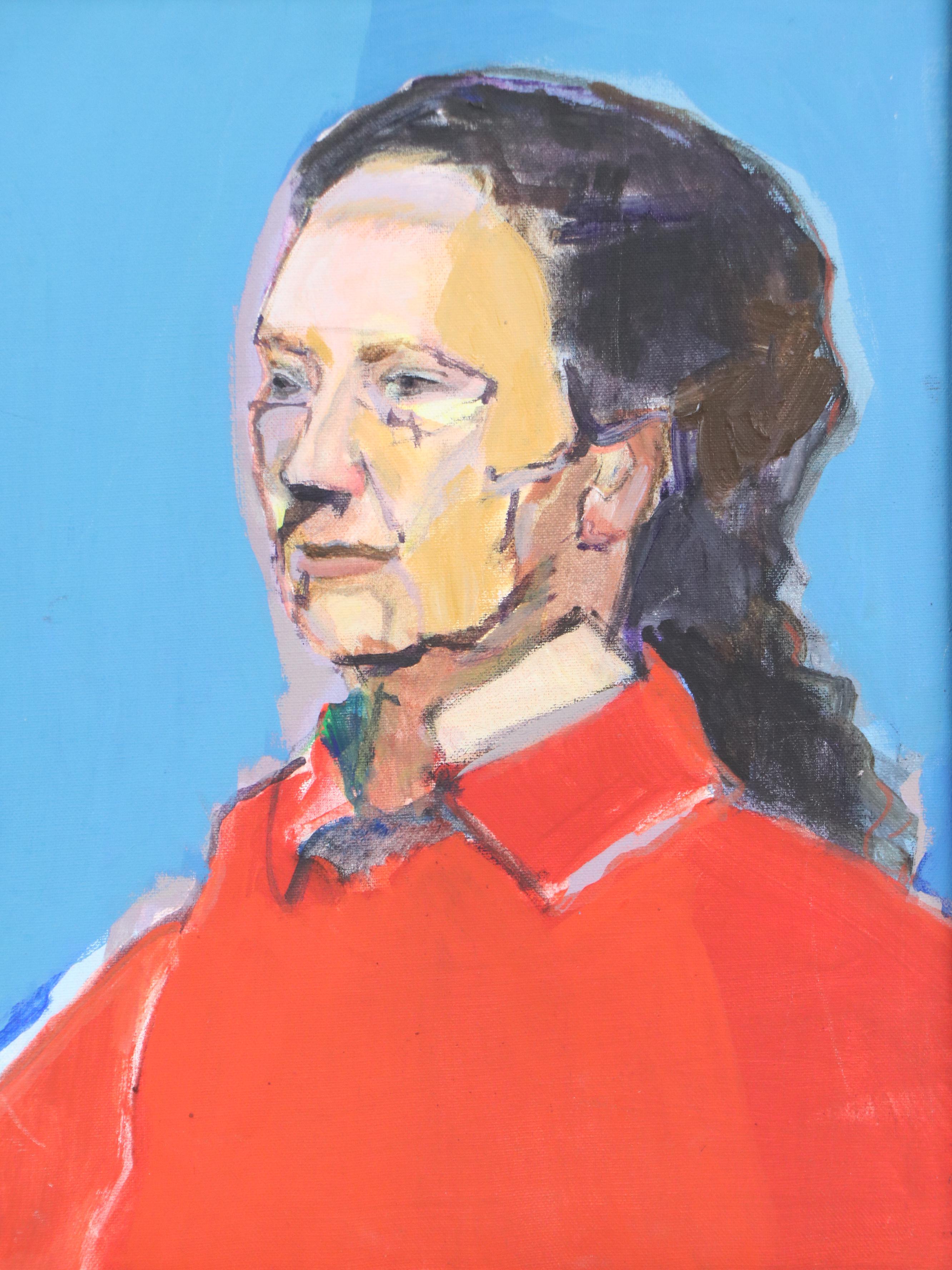 Modern Oil Portrait of Woman in Red Shirt, 1989