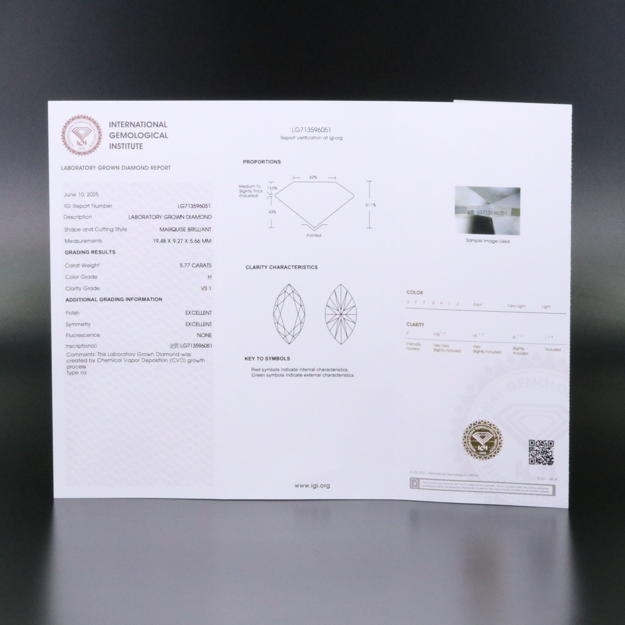 Loose 5.77 CT Lab Grown Diamond with IGI Report